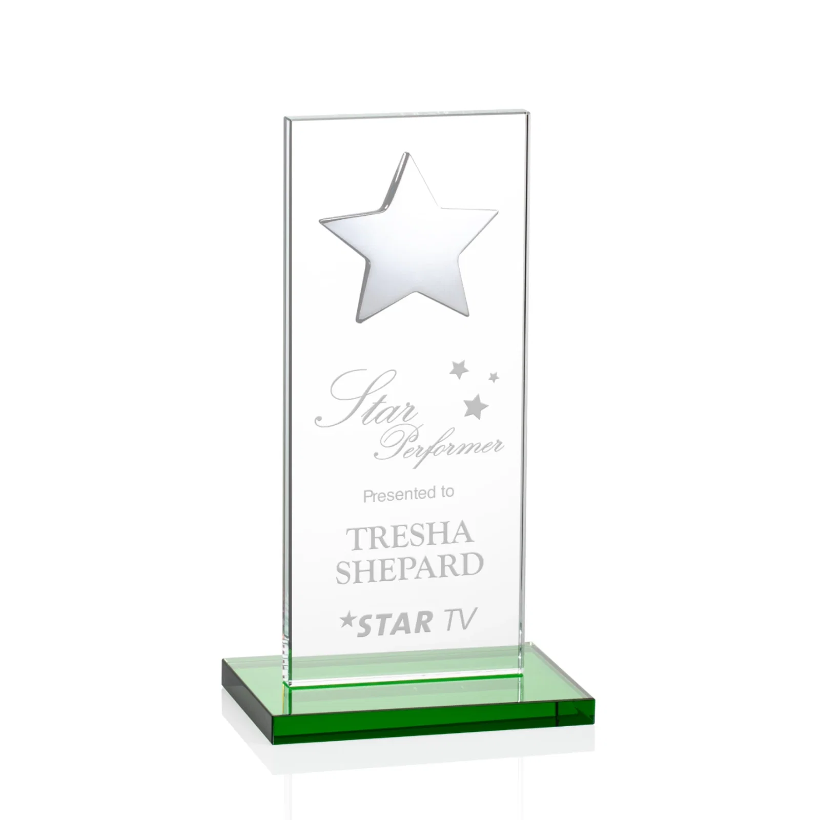 Branded Optical Crystal Upright Award With Raised Metal Star Accent for donor appreciation