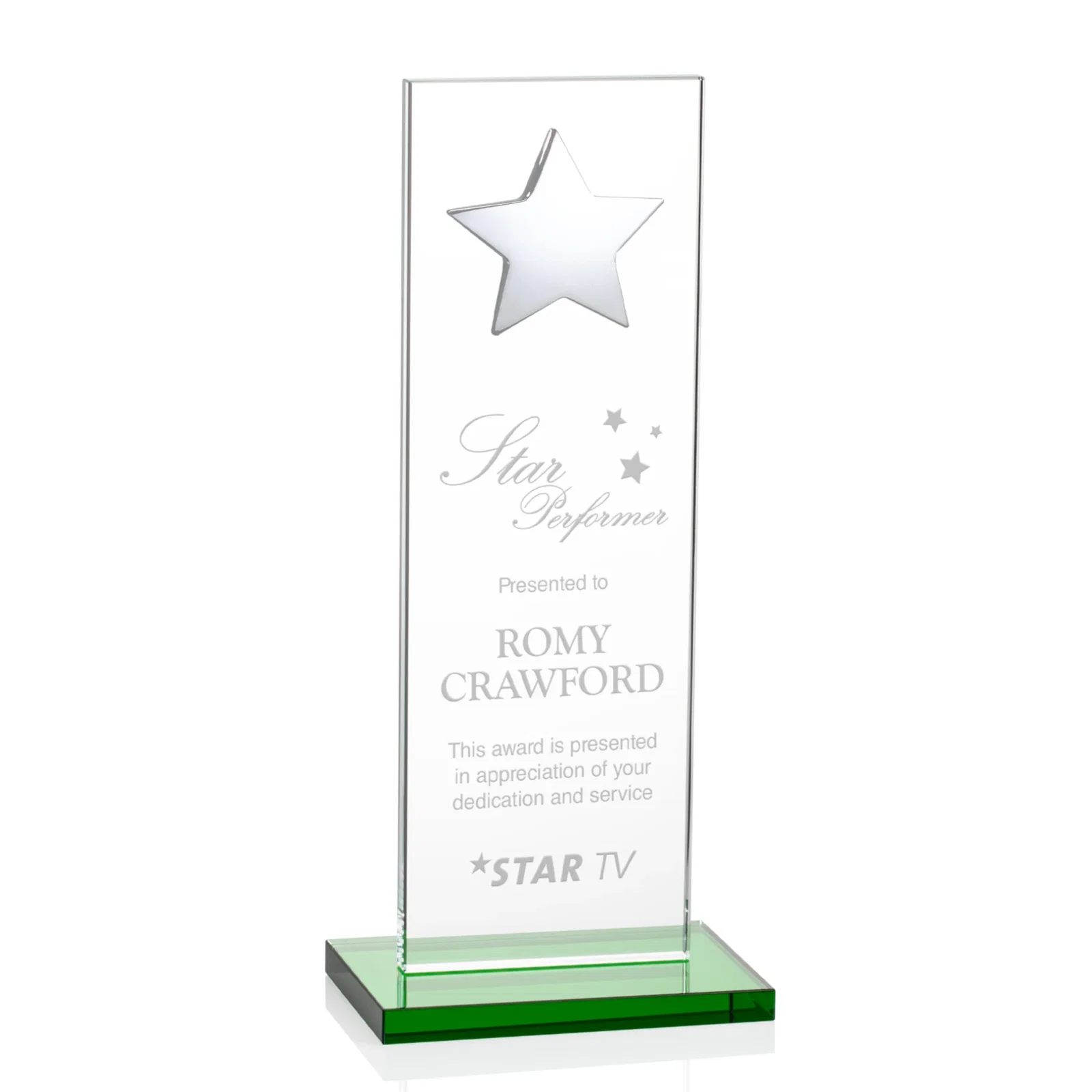 Branded Optical Crystal Upright Award With Raised Metal Star Accent for graduation ceremonies
