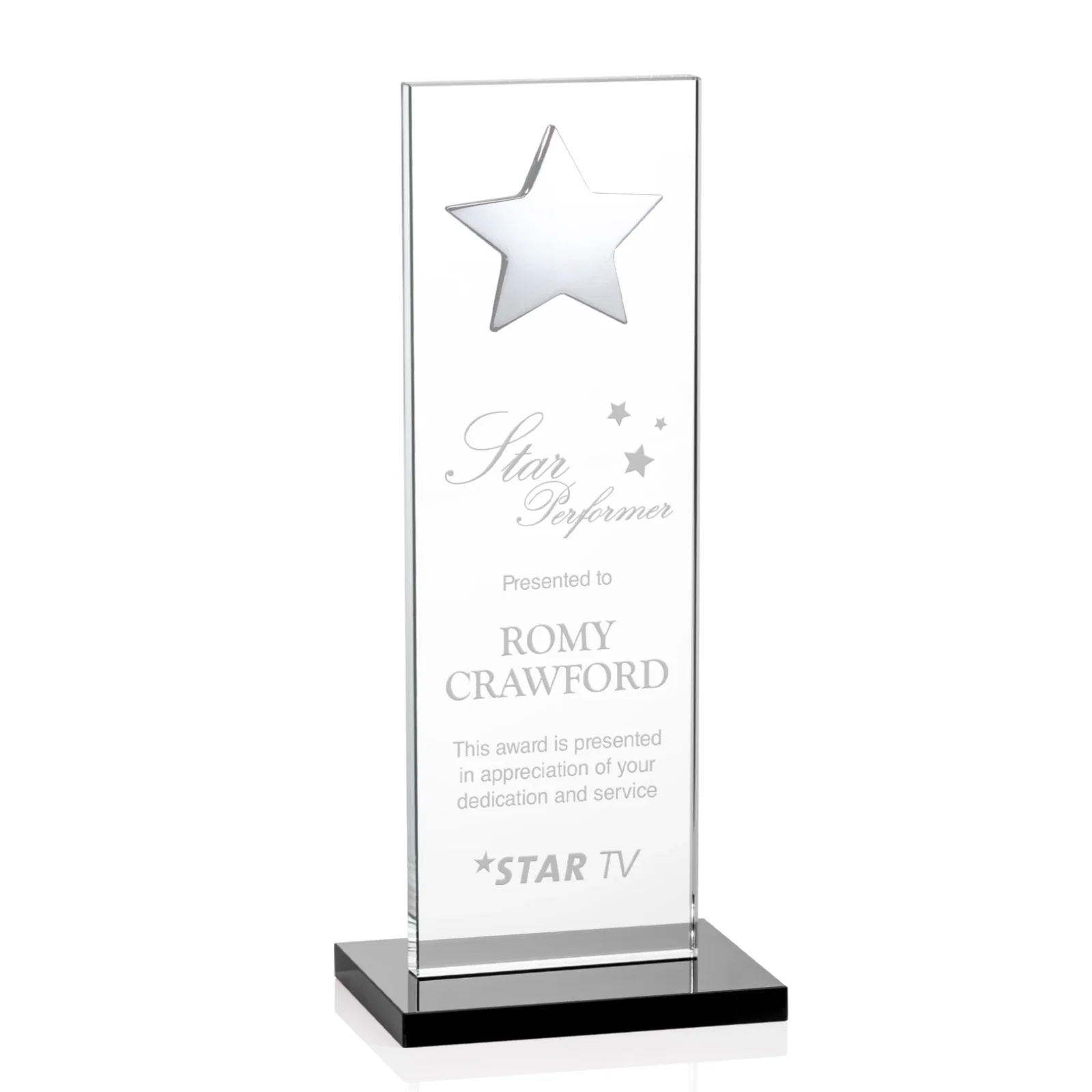 Branded Optical Crystal Upright Award With Raised Metal Star Accent for company anniversary events