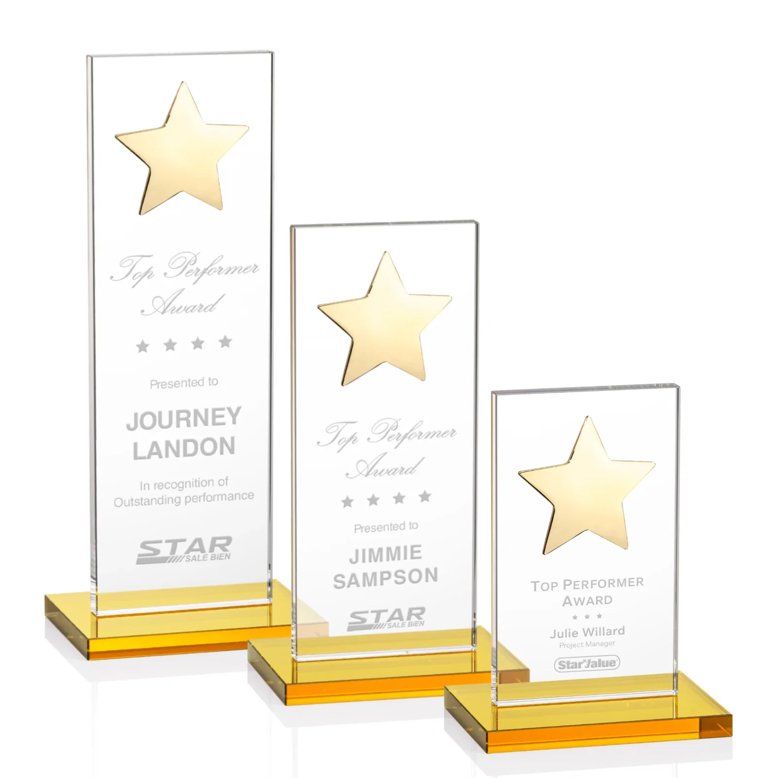 Custom Optical Crystal Upright Award With Raised Metal Star Accent for retirement presentations