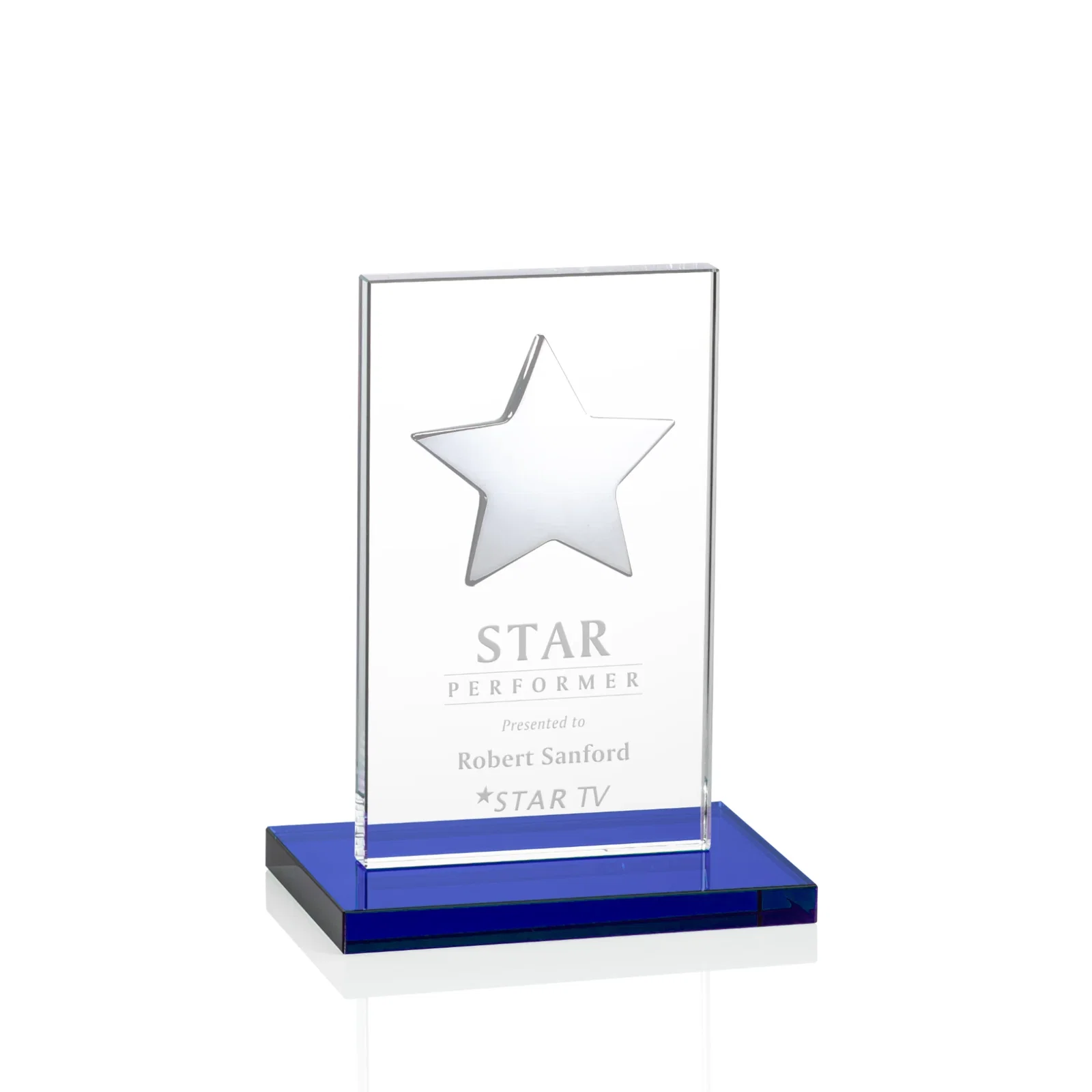 Custom printed Optical Crystal Upright Award With Raised Metal Star Accent for corporate award ceremonies