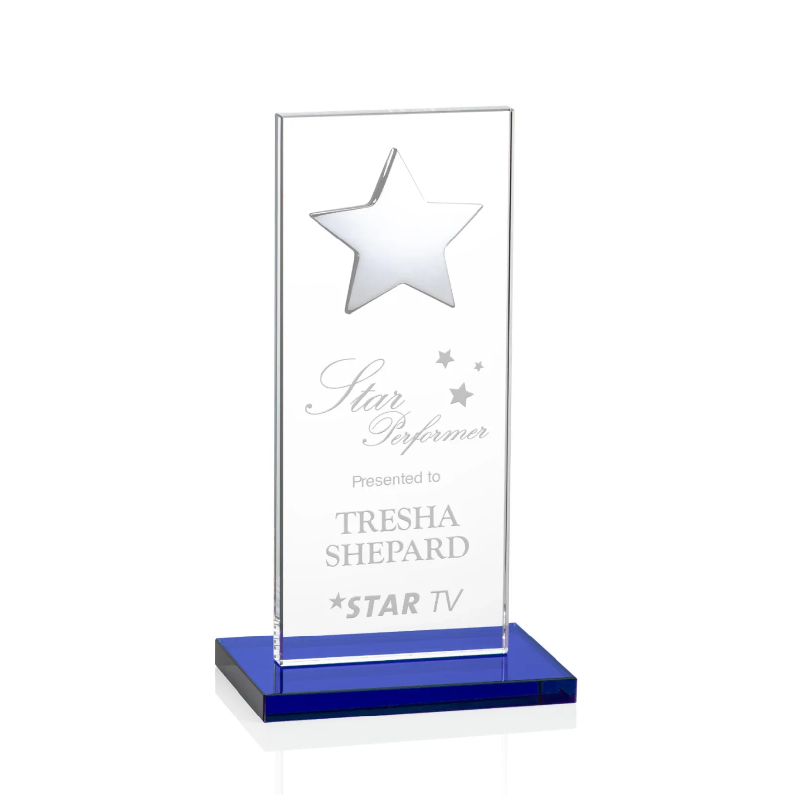 Custom printed Optical Crystal Upright Award With Raised Metal Star Accent for service anniversary gifts