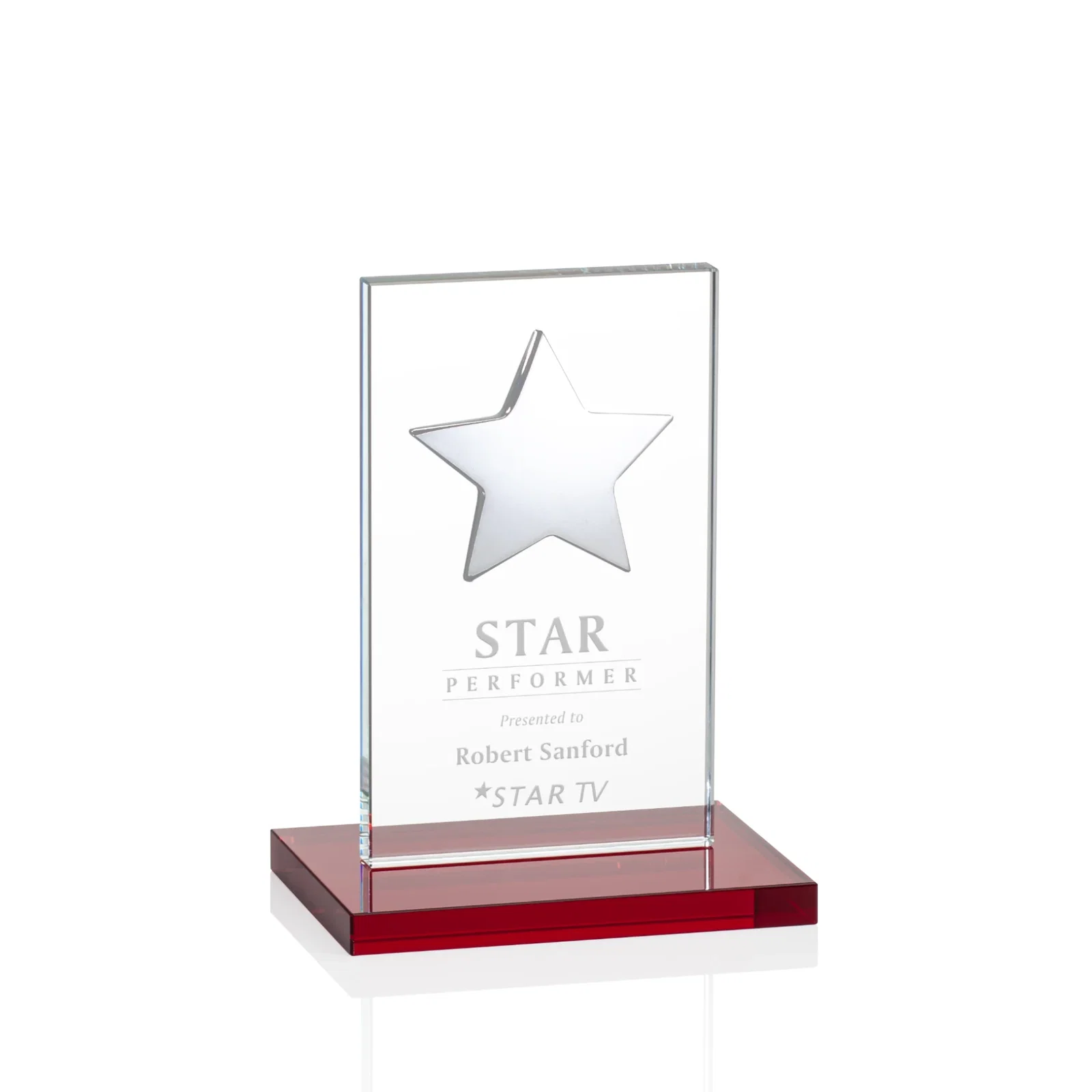 Custom printed Optical Crystal Upright Award With Raised Metal Star Accent for team milestone celebrations