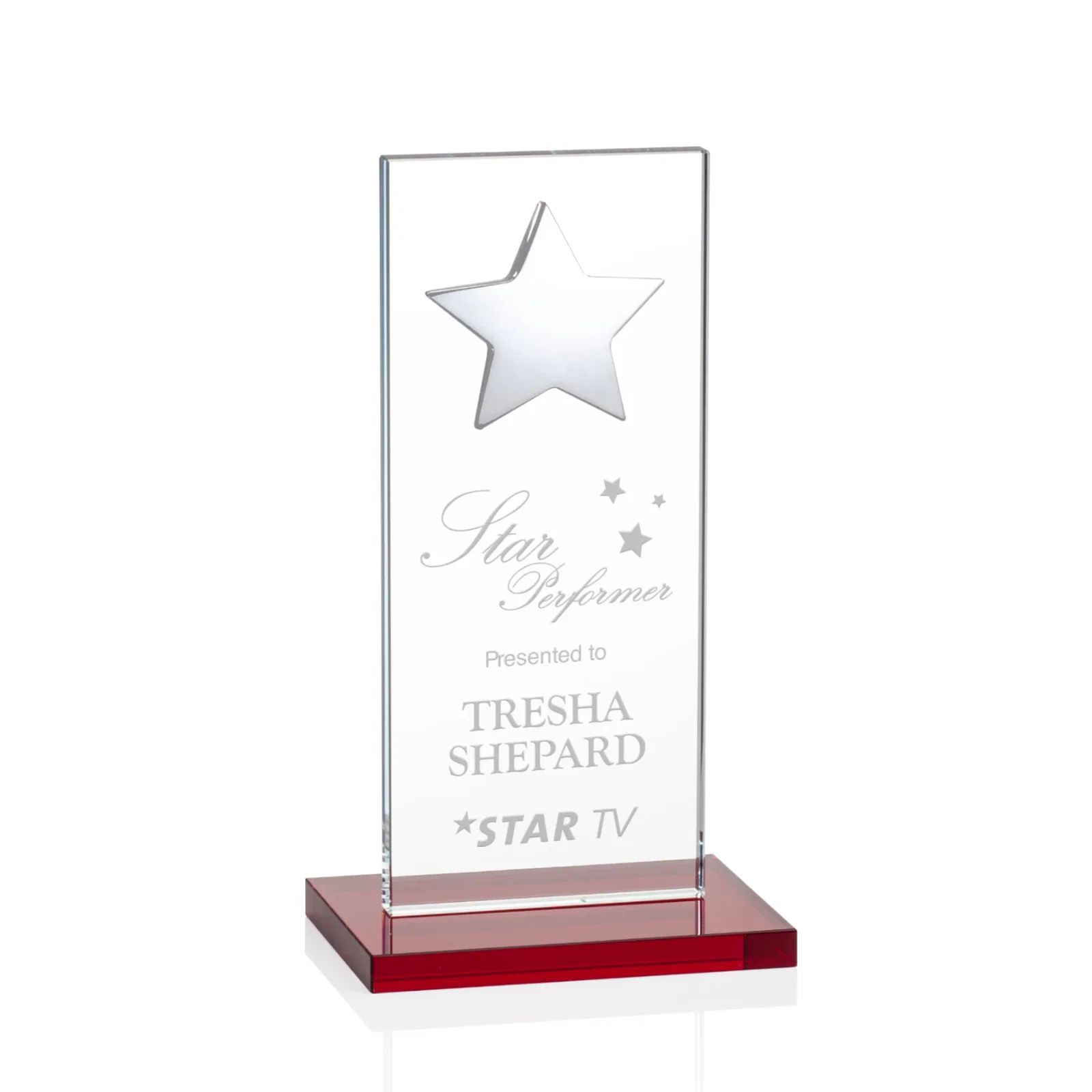 Custom printed Optical Crystal Upright Award With Raised Metal Star Accent for donor appreciation
