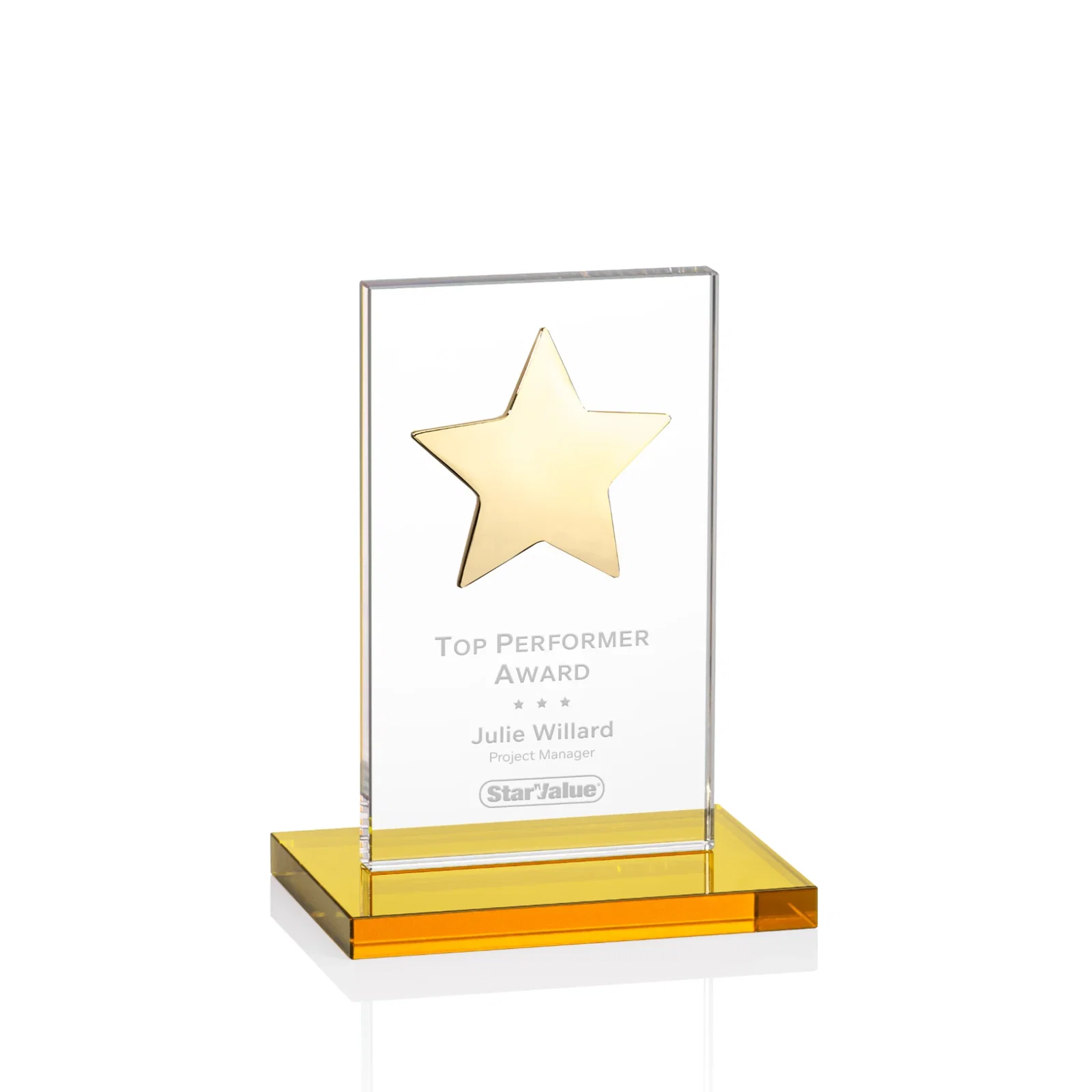 Custom Optical Crystal Upright Award With Raised Metal Star Accent for team milestone celebrations