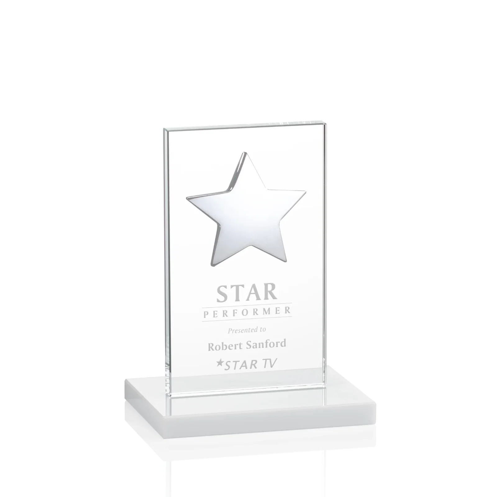 Customized Optical Crystal Upright Award With Raised Metal Star Accent for corporate award ceremonies