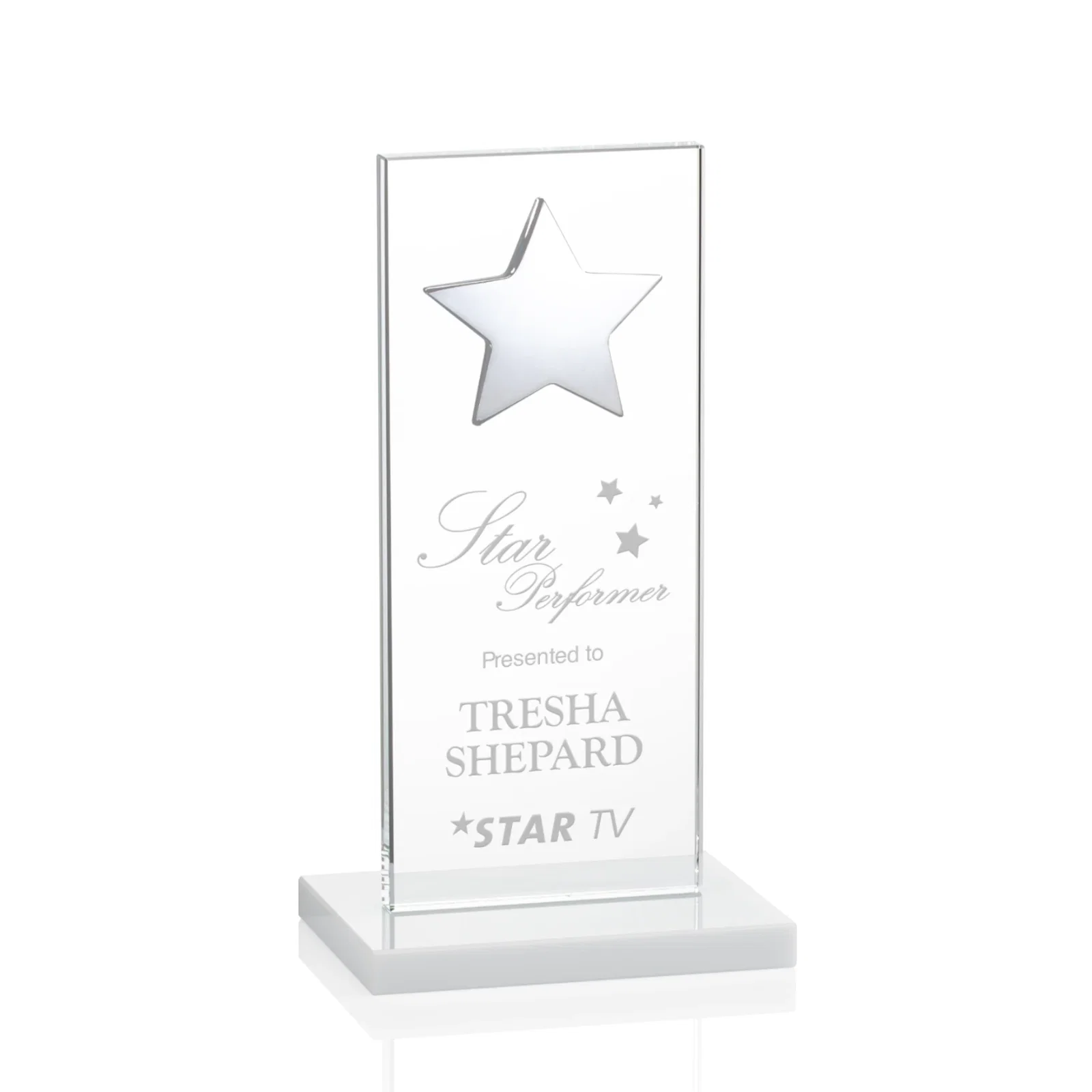 Customized Optical Crystal Upright Award With Raised Metal Star Accent for service anniversary gifts