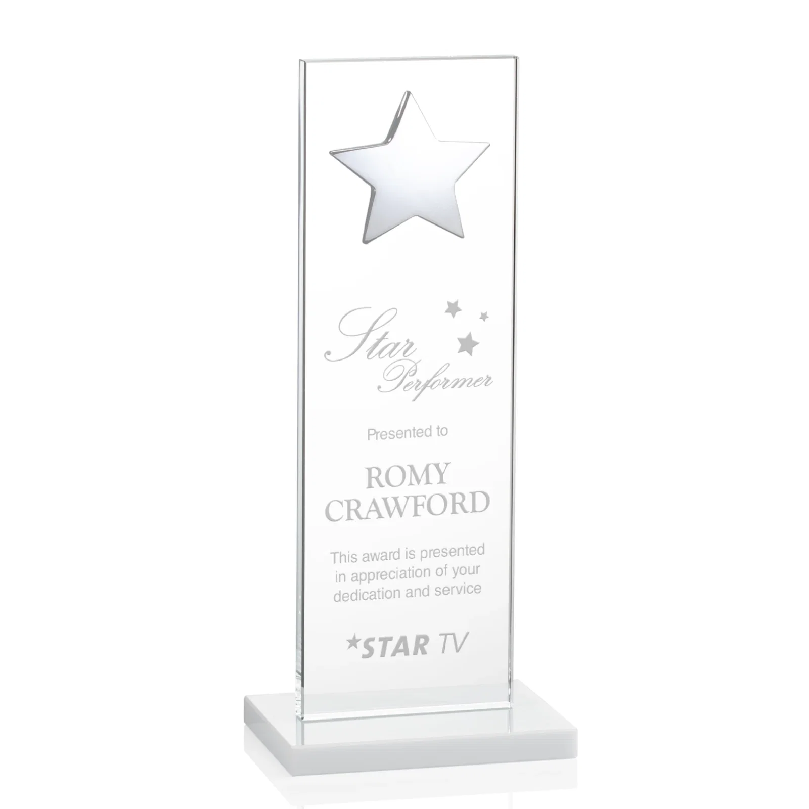Customized Optical Crystal Upright Award With Raised Metal Star Accent for sales achievement awards