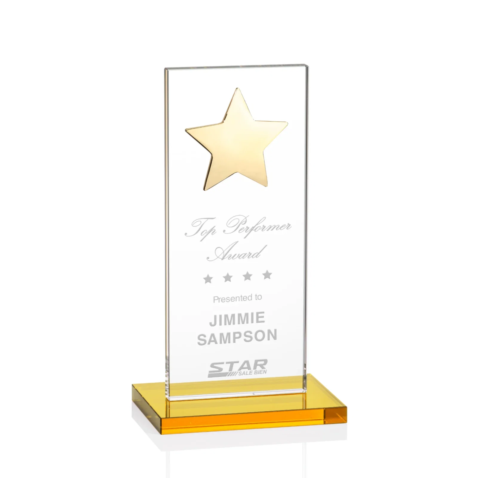 Custom Optical Crystal Upright Award With Raised Metal Star Accent for donor appreciation