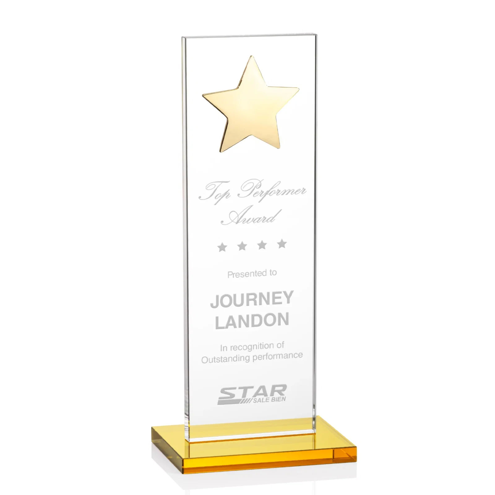 Custom Optical Crystal Upright Award With Raised Metal Star Accent for graduation ceremonies