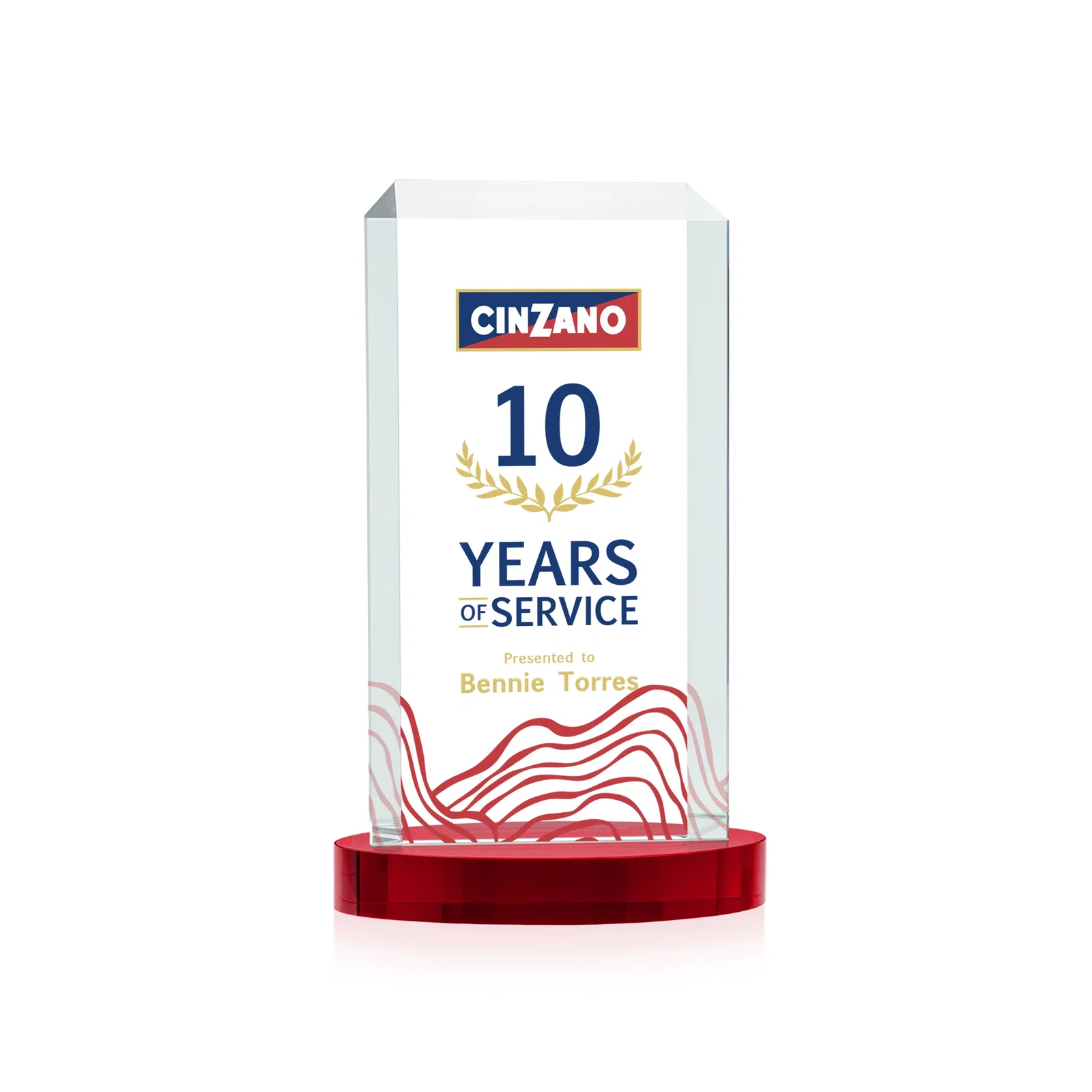 Branded Starfire Crystal Tower Award, Made and Decorated in the USA for company anniversary events