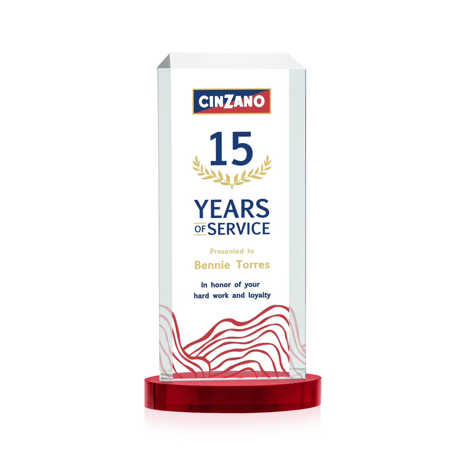 Custom printed Starfire Crystal Tower Award, Made and Decorated in the USA for employee recognition