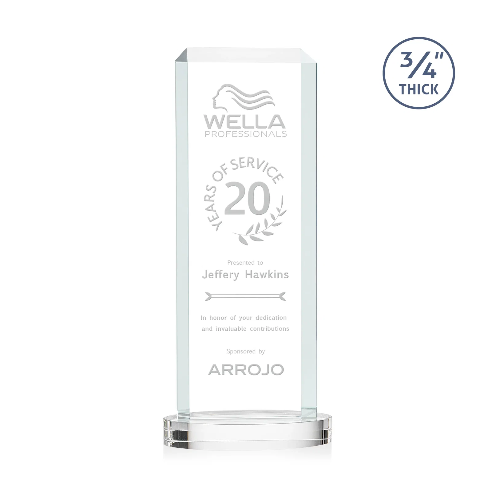 Custom Starfire Crystal Tower Award, Made and Decorated in the USA for retirement presentations