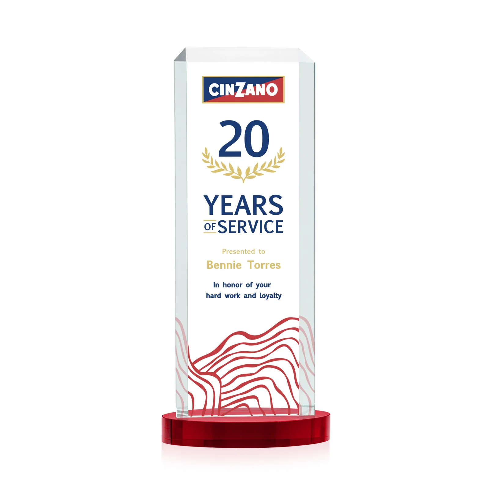 Custom printed Starfire Crystal Tower Award, Made and Decorated in the USA for corporate award ceremonies