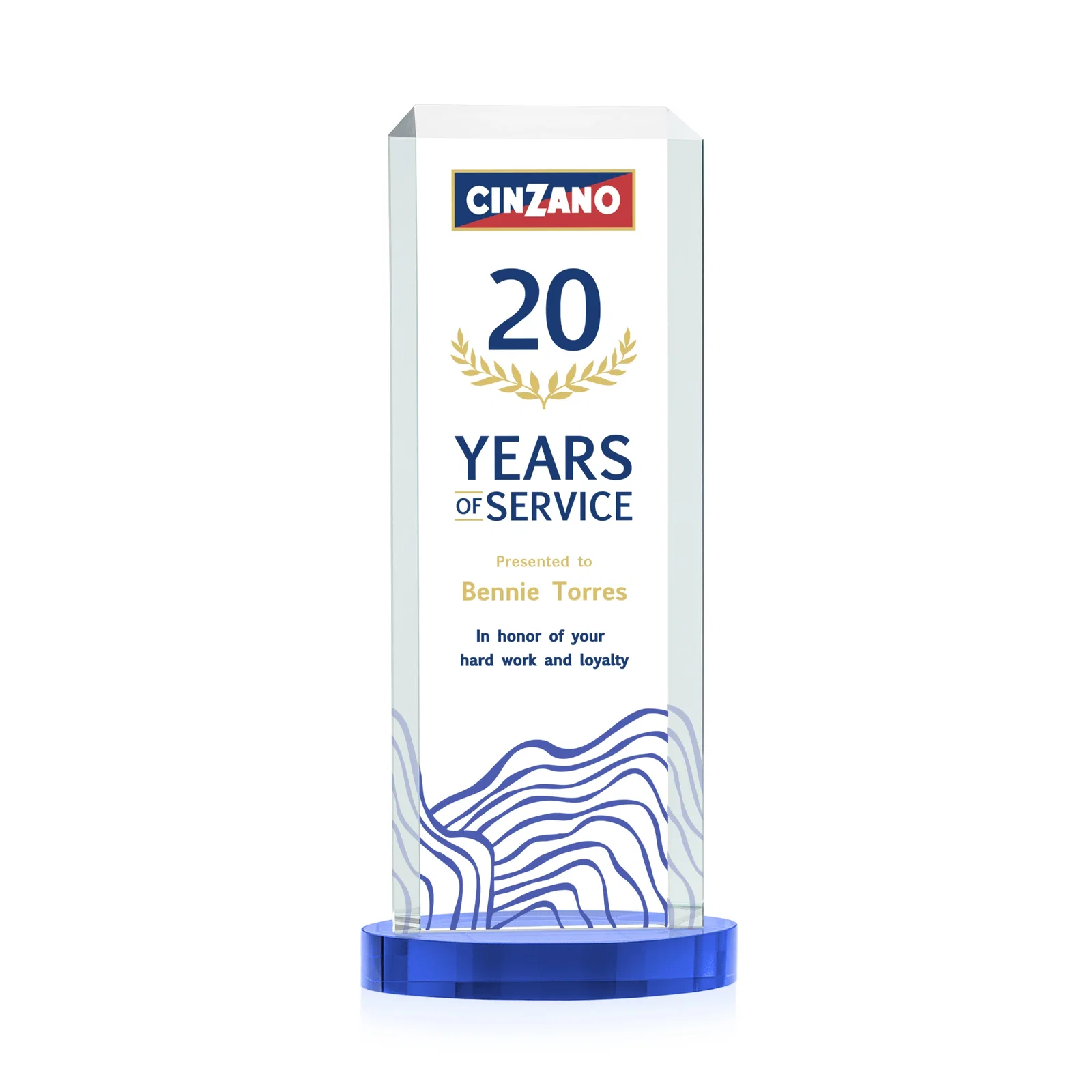 Custom printed Starfire Crystal Tower Award, Made and Decorated in the USA for donor appreciation