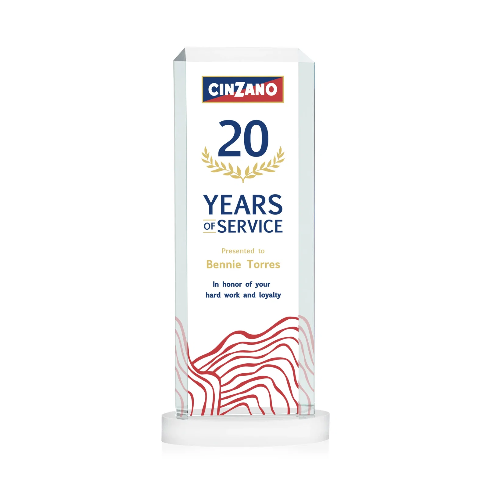 Custom printed Starfire Crystal Tower Award, Made and Decorated in the USA for company anniversary events