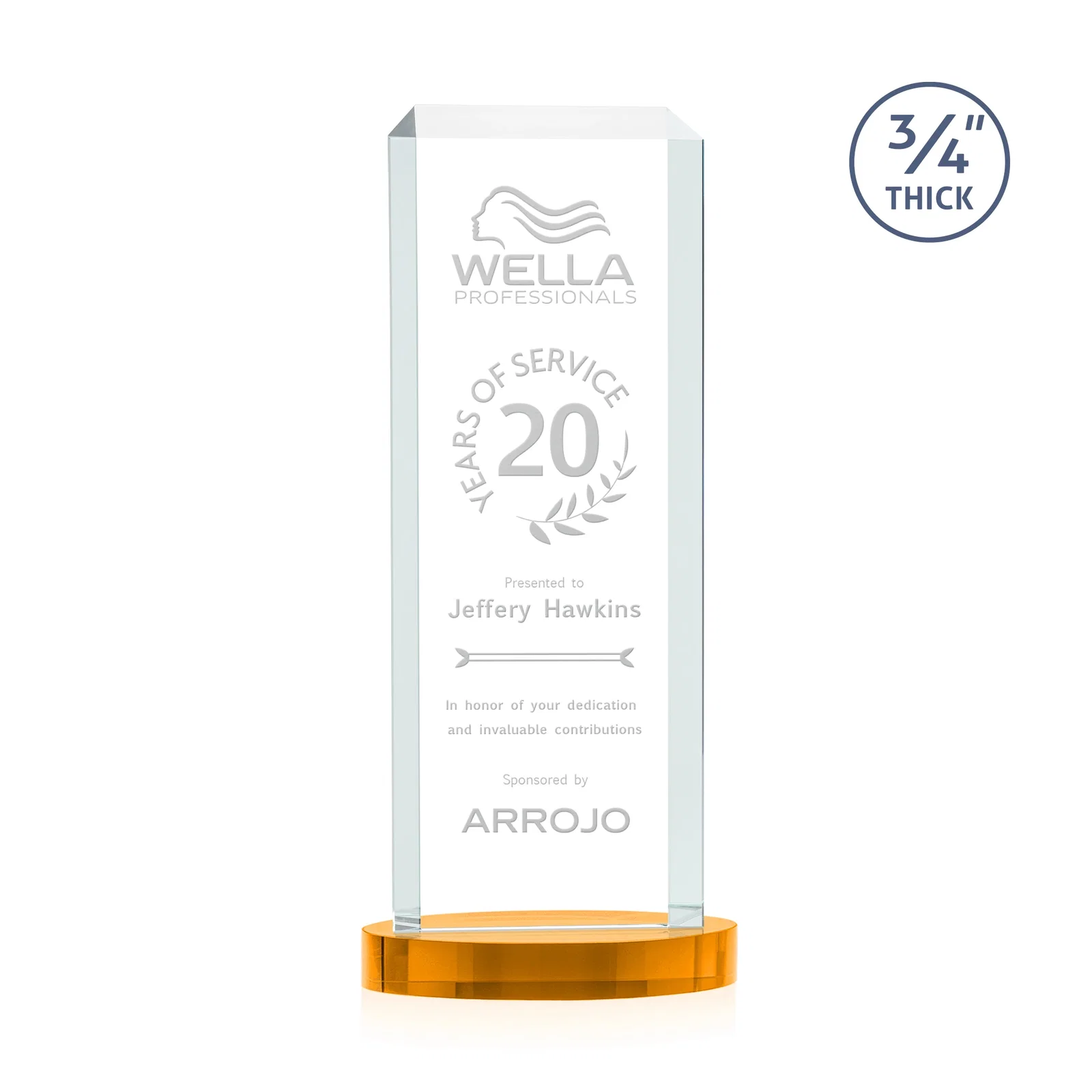 Customized Starfire Crystal Tower Award, Made and Decorated in the USA for retirement presentations