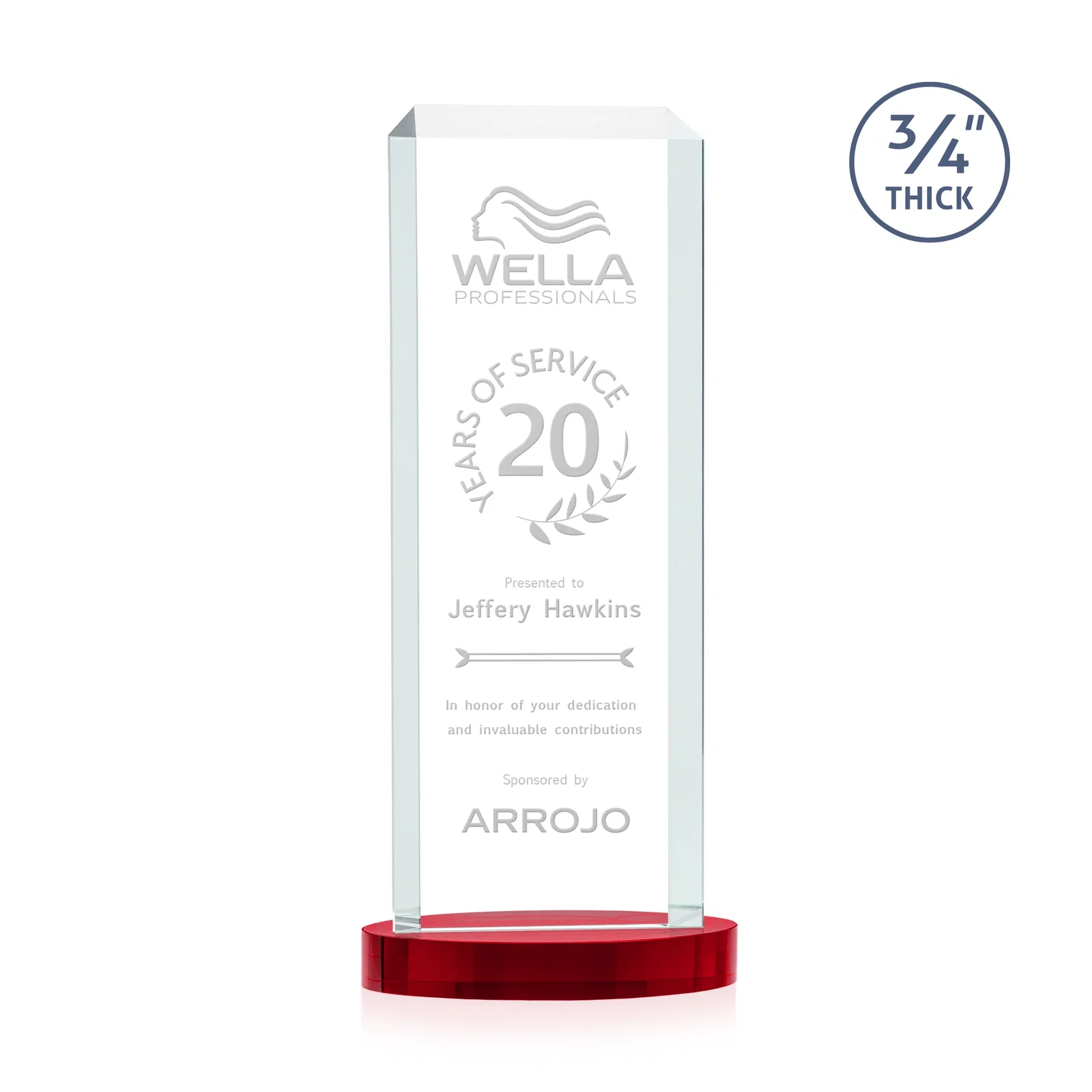 Custom engraved Starfire Crystal Tower Award, Made and Decorated in the USA for service anniversary gifts
