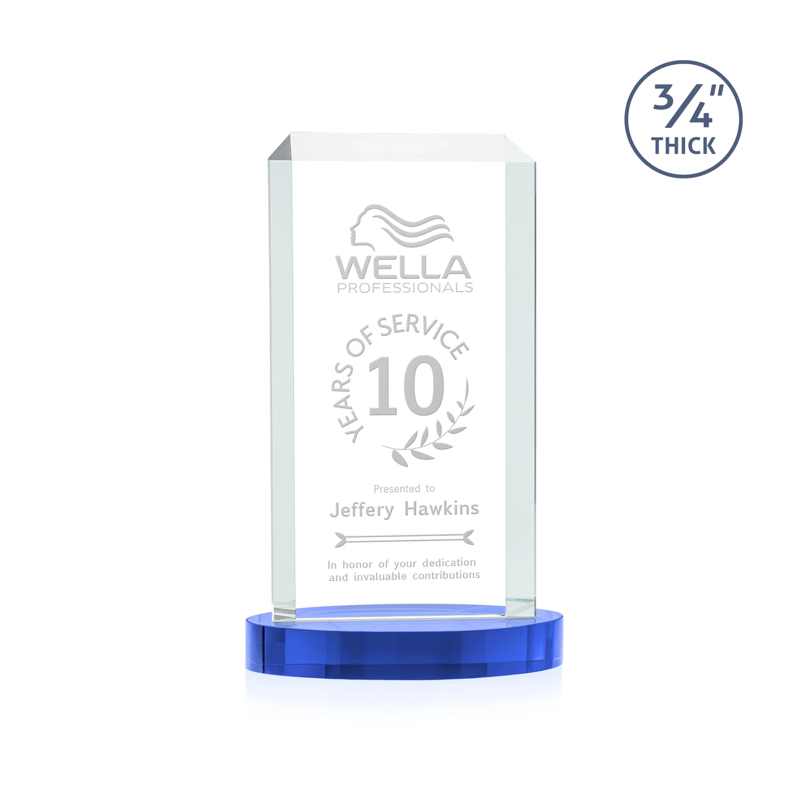 Custom engraved Starfire Crystal Tower Award, Made and Decorated in the USA for team milestone celebrations