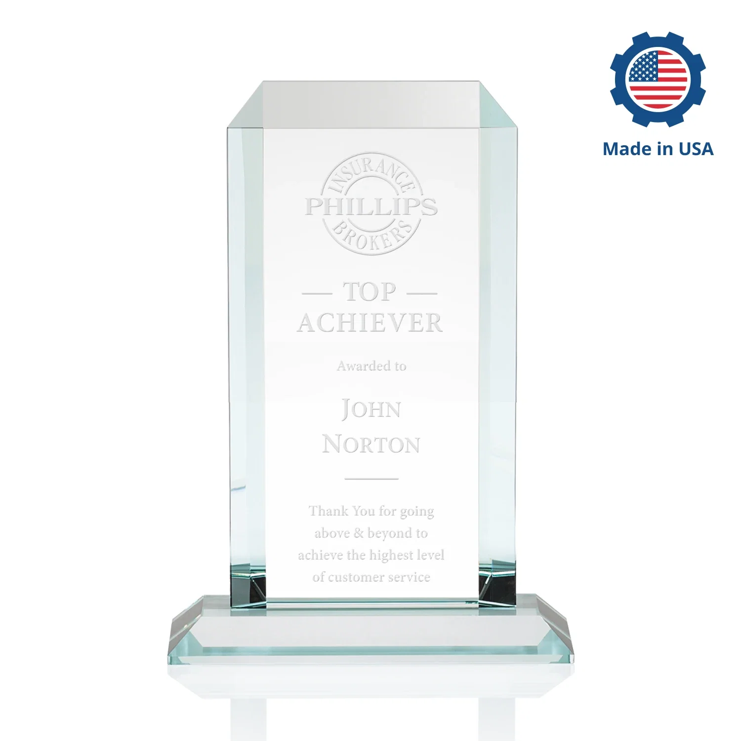 Custom Starfire Crystal Tower Award With Etch or Full-Color Print, with your logo for employee recognition