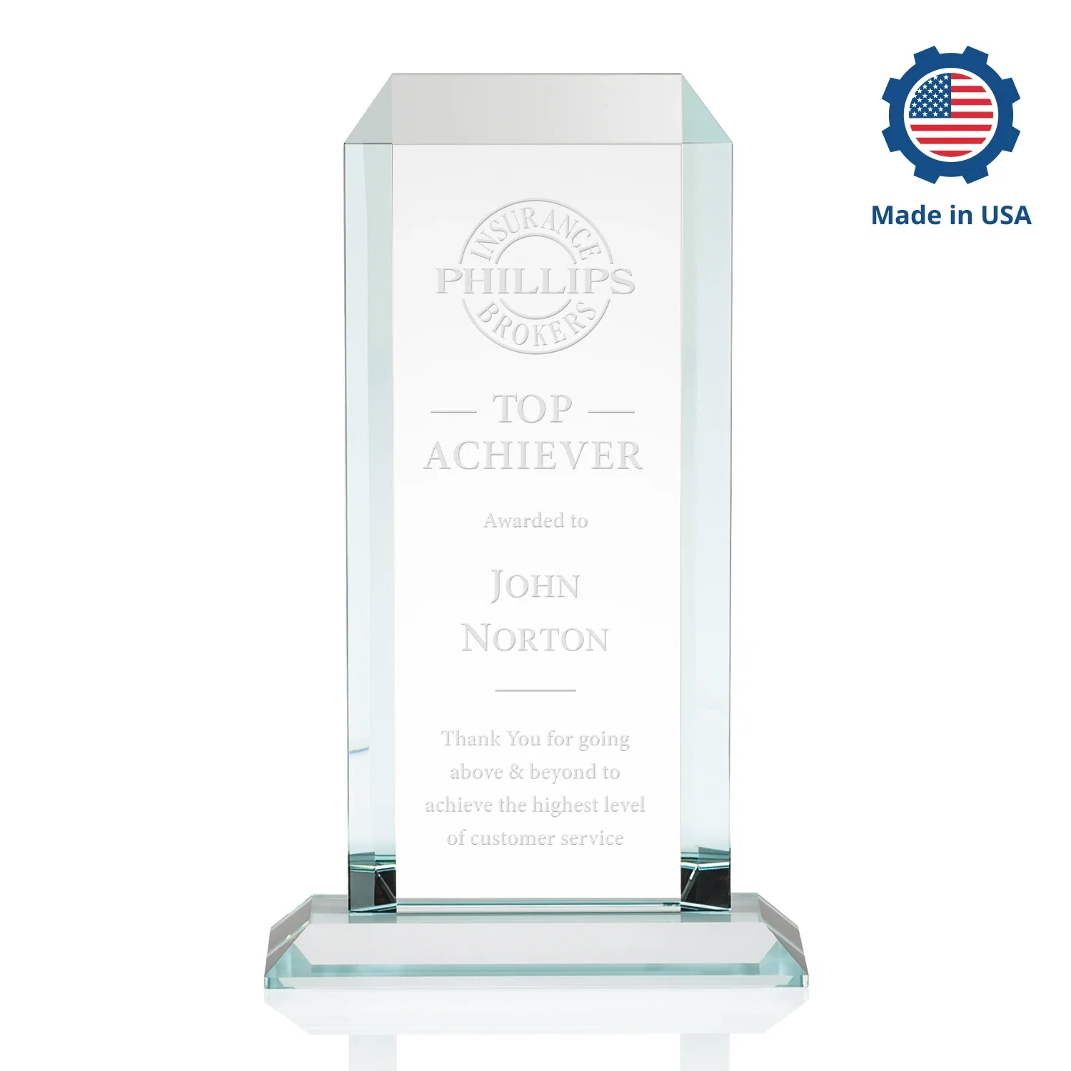 Custom Starfire Crystal Tower Award With Etch or Full-Color Print, with your logo for corporate award ceremonies