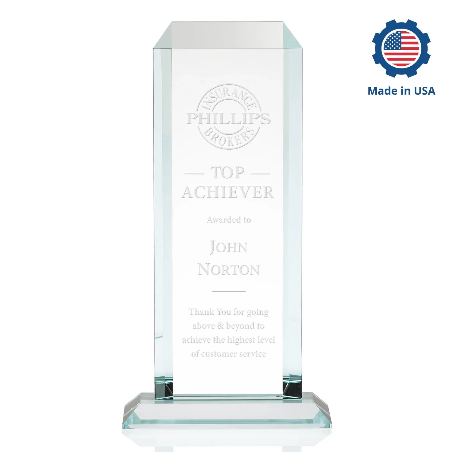 Custom Starfire Crystal Tower Award With Etch or Full-Color Print, with your logo for service anniversary gifts