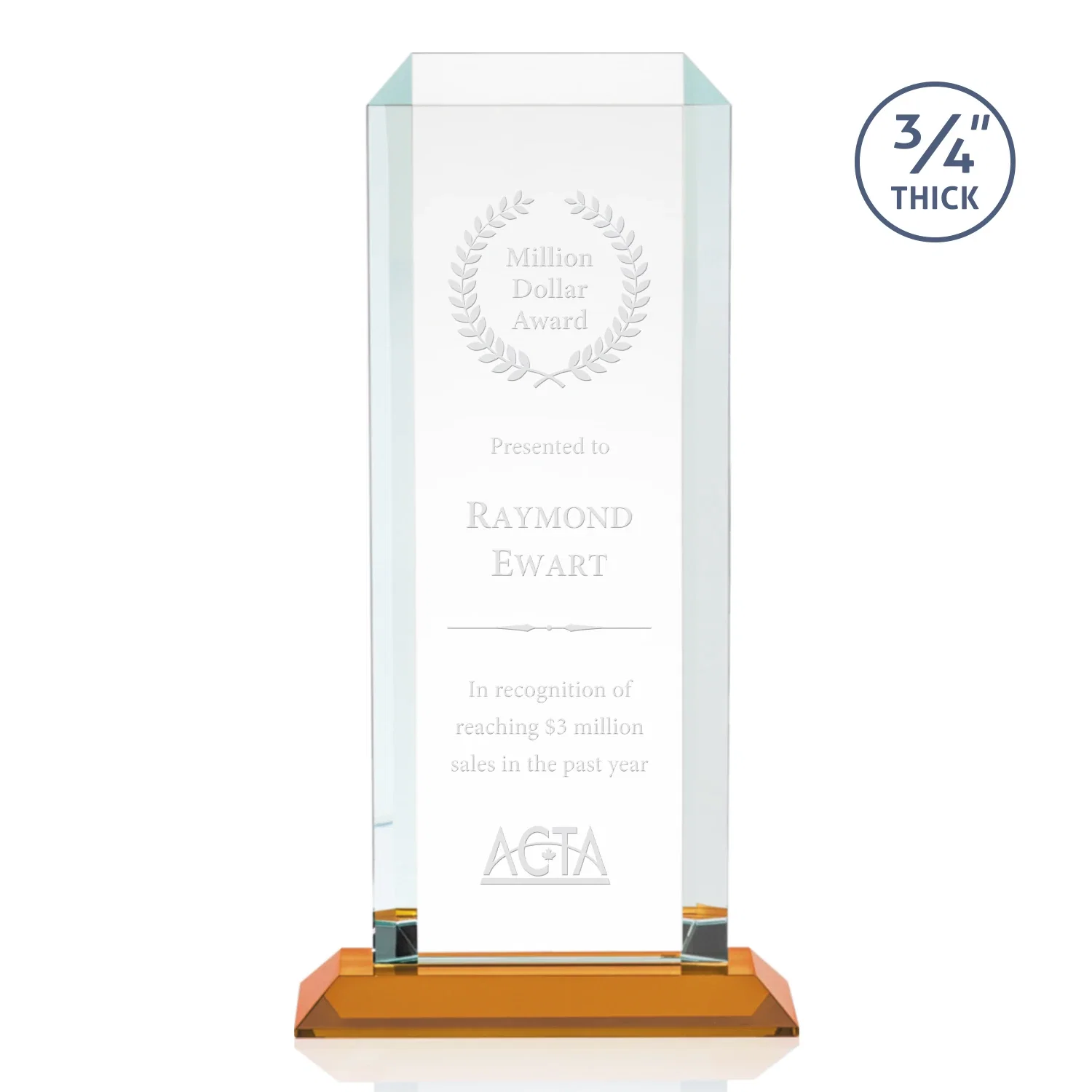 Personalized Starfire Crystal Tower Award With Etch or Full-Color Print for sales achievement awards