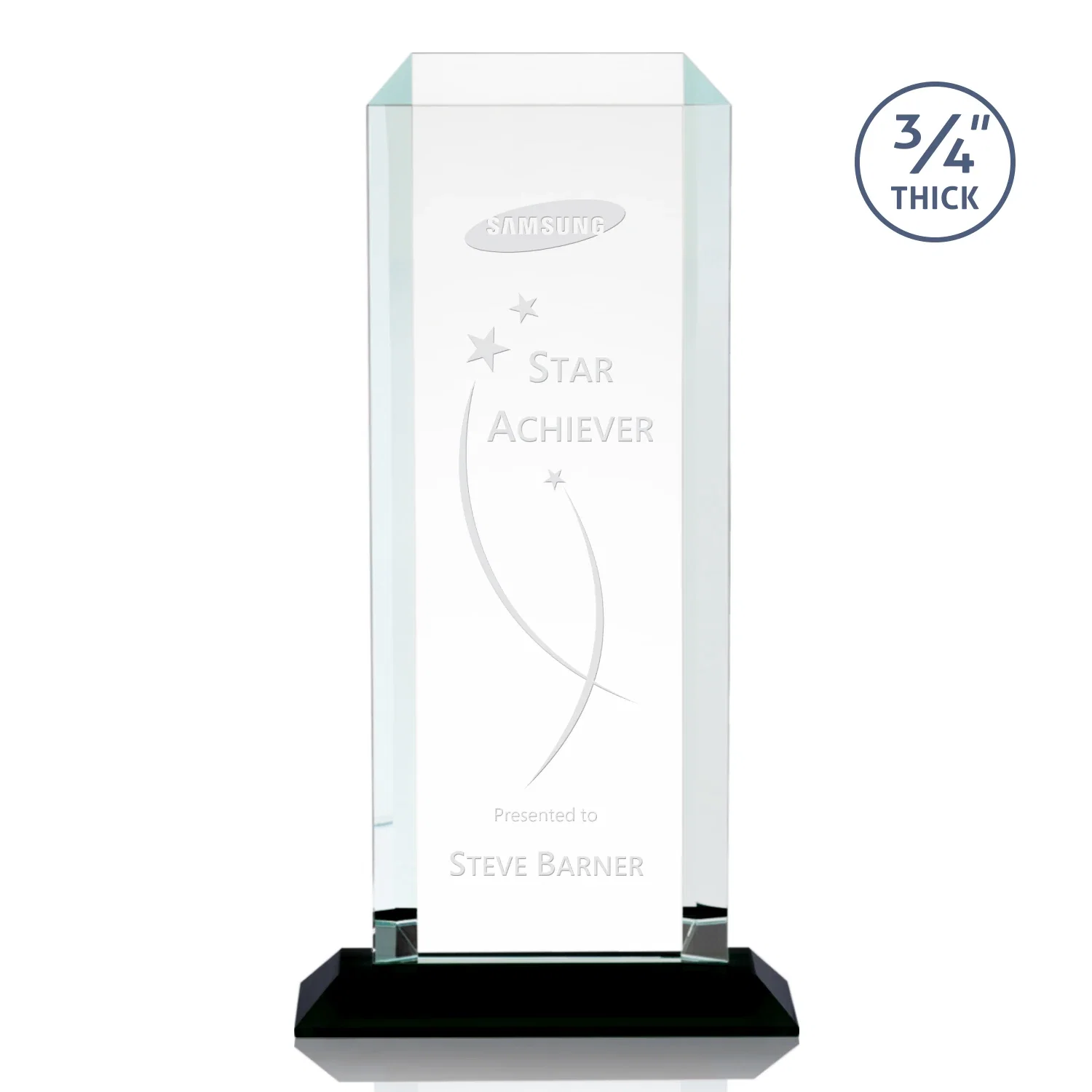 Custom Starfire Crystal Tower Award With Etch or Full-Color Print for retirement presentations