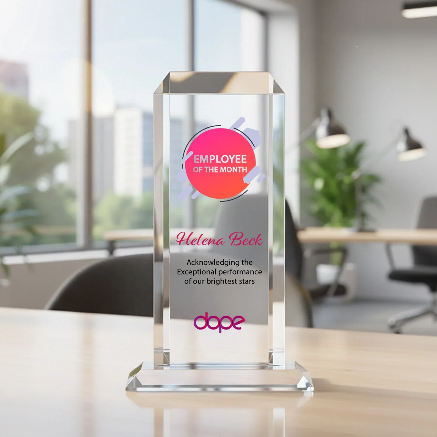 Branded Starfire Crystal Tower Award With Etch or Full-Color Print for dealer and partner awards