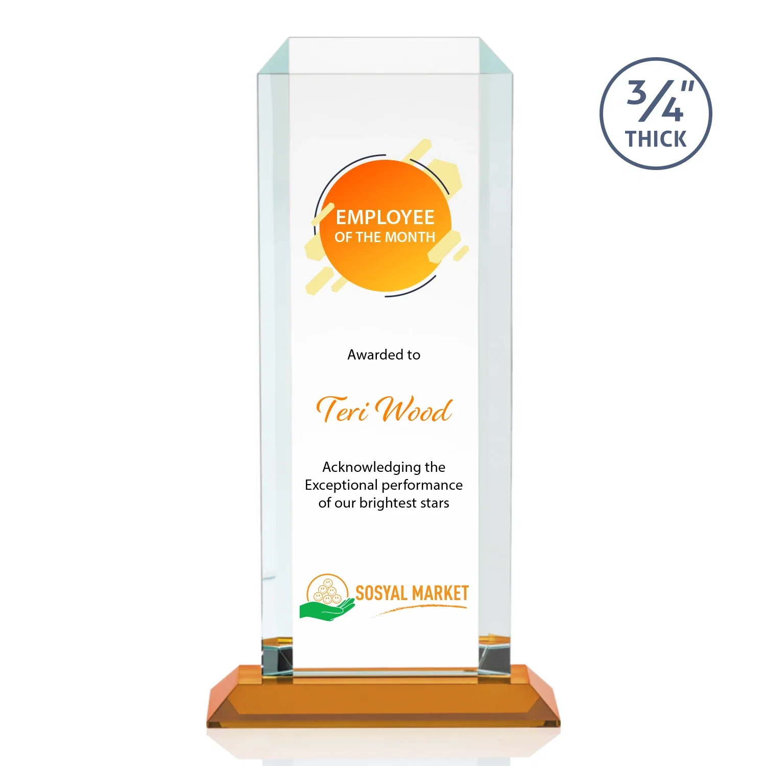 Custom printed Starfire Crystal Tower Award With Etch or Full-Color Print for sales achievement awards