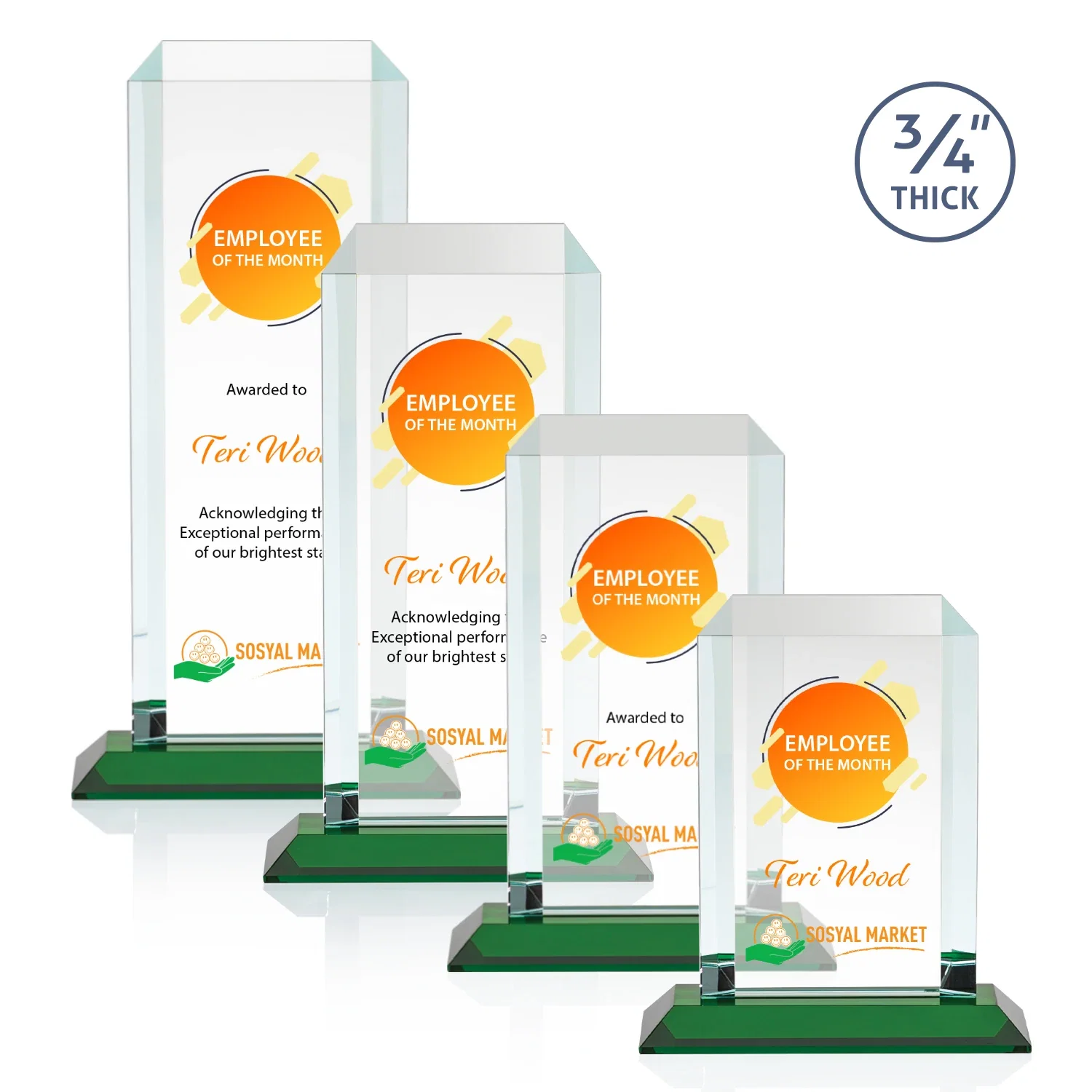 Custom printed Starfire Crystal Tower Award With Etch or Full-Color Print for retirement presentations