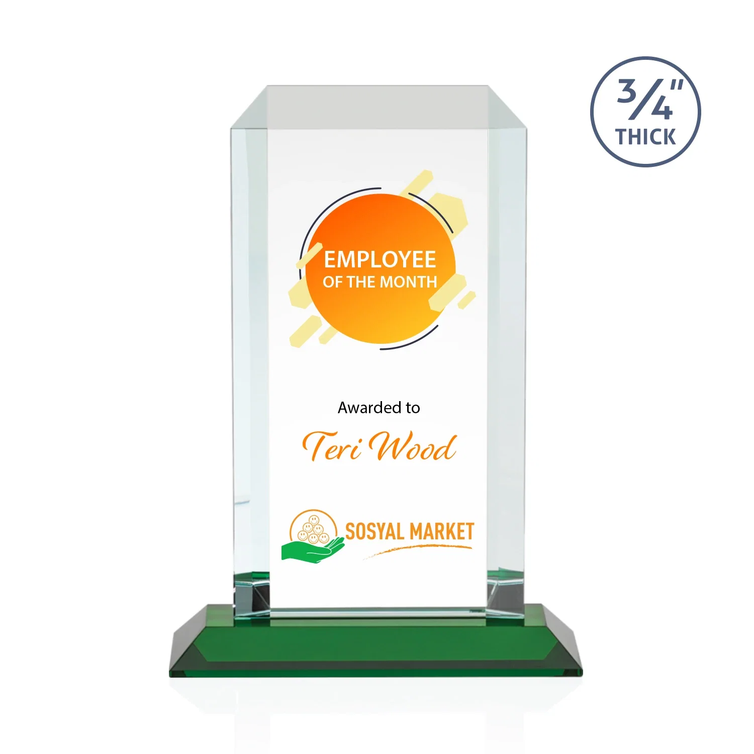 Custom printed Starfire Crystal Tower Award With Etch or Full-Color Print for donor appreciation