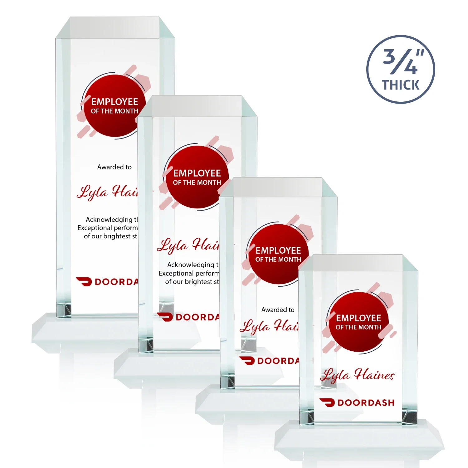 Custom engraved Starfire Crystal Tower Award With Etch or Full-Color Print for team milestone celebrations