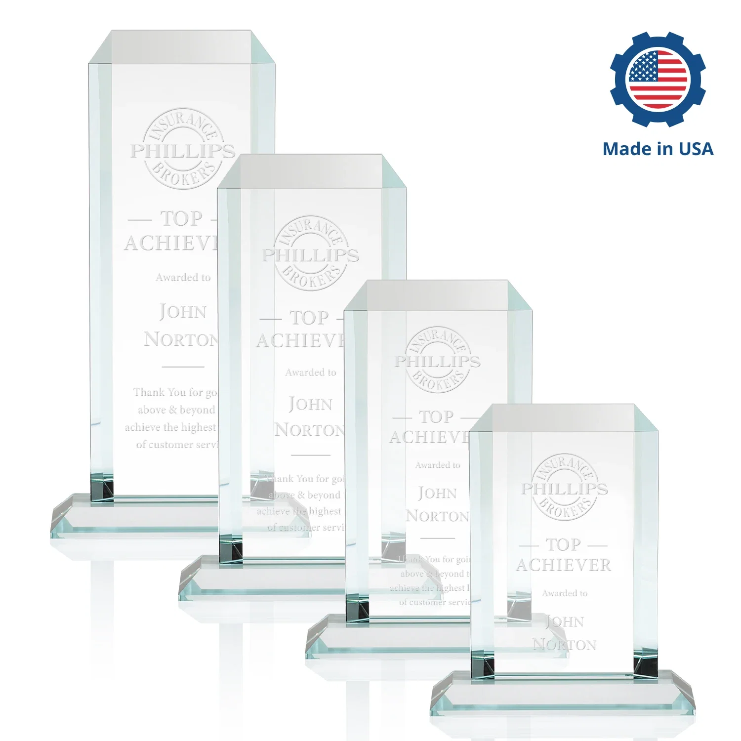 Custom engraved Starfire Crystal Tower Award With Etch or Full-Color Print for dealer and partner awards