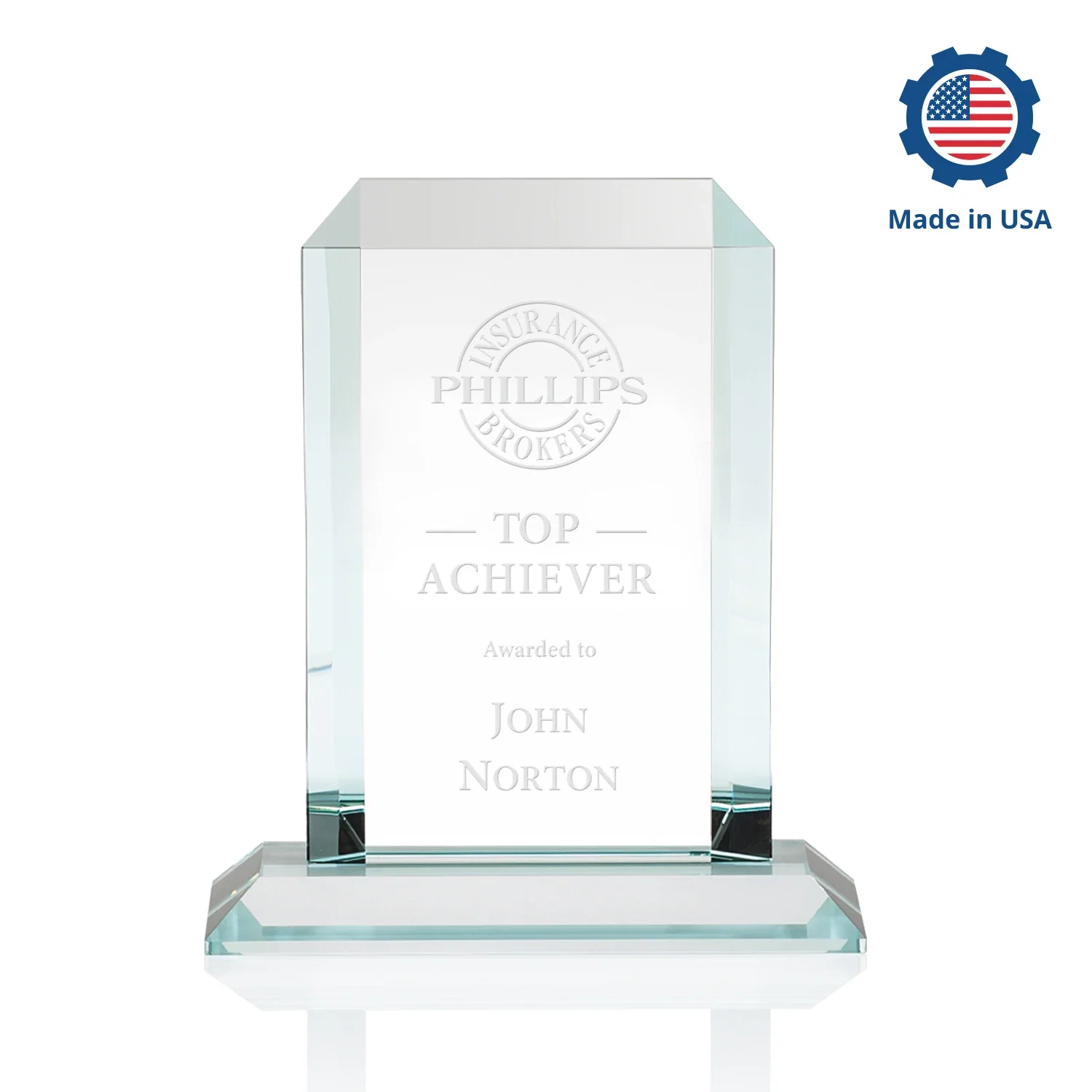 Custom engraved Starfire Crystal Tower Award With Etch or Full-Color Print for company anniversary events