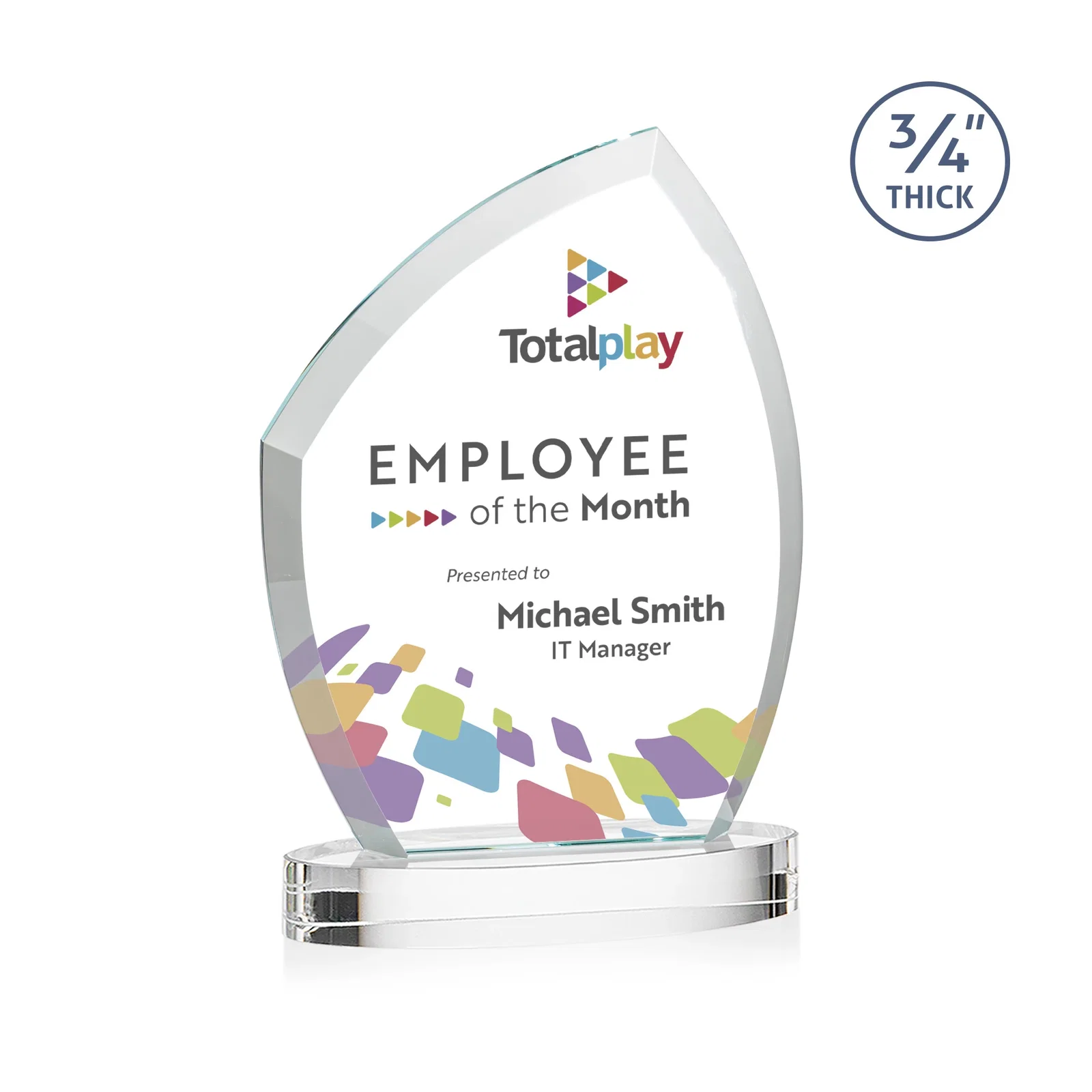 Custom Starfire Crystal Award with a Thick Curved Beveled Frame, awards for service anniversary gifts