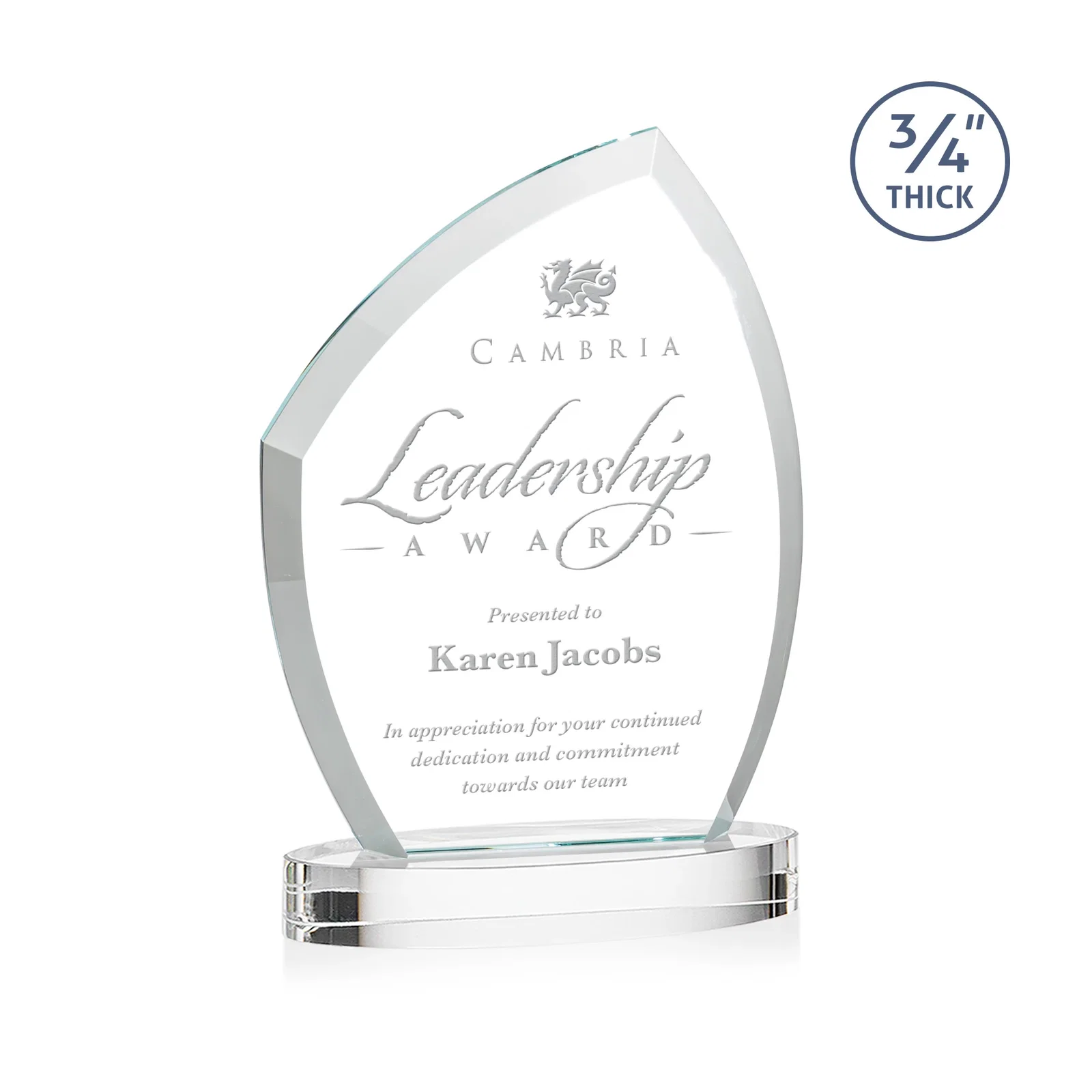 Branded Starfire Crystal Award with a Thick Curved Beveled Frame, awards for service anniversary gifts