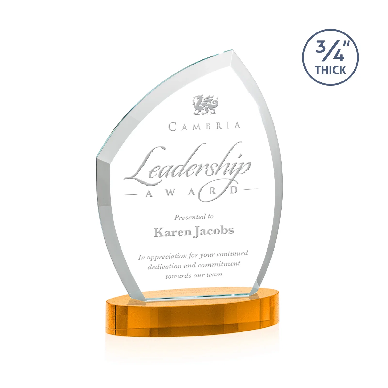 Branded Starfire Crystal Award with a Thick Curved Beveled Frame, awards for team milestone celebrations