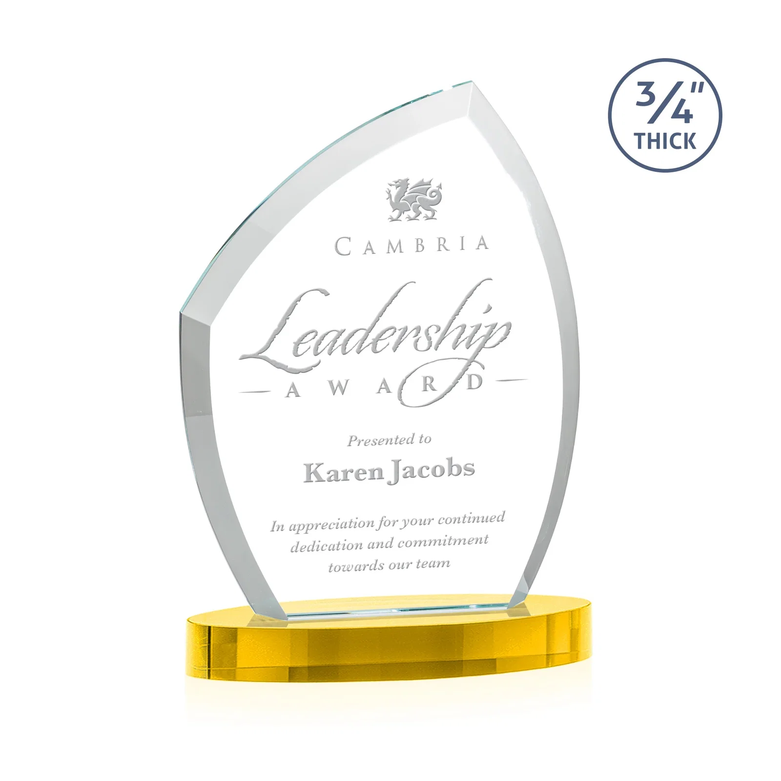 Branded Starfire Crystal Award with a Thick Curved Beveled Frame, awards for company anniversary events