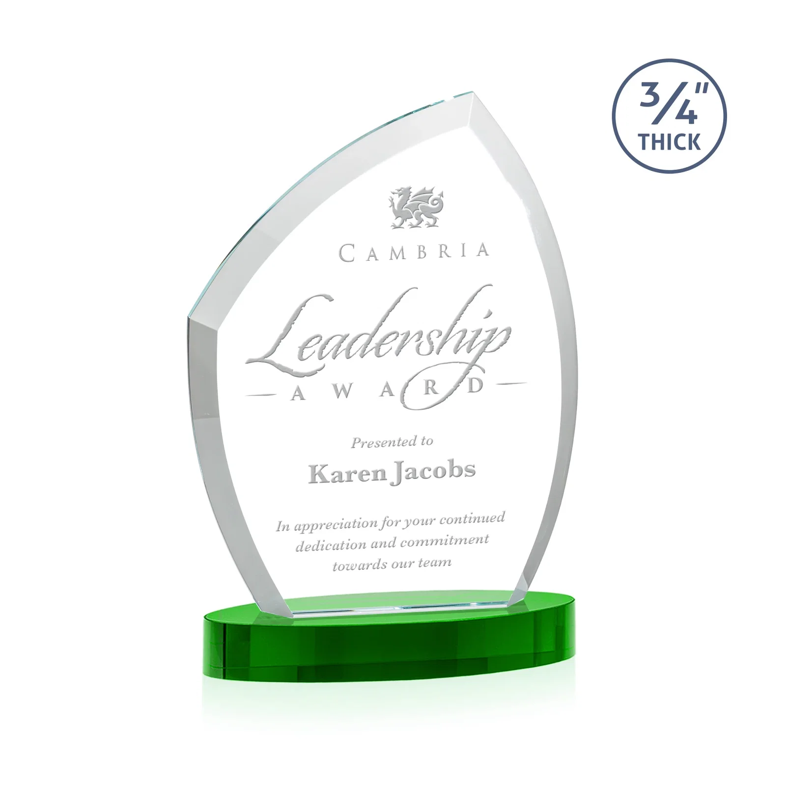 Custom printed Starfire Crystal Award with a Thick Curved Beveled Frame, awards for service anniversary gifts