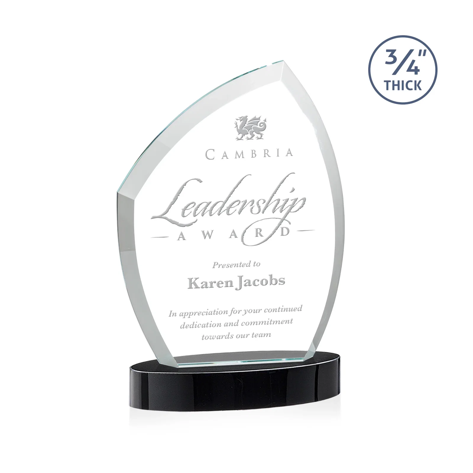 Custom printed Starfire Crystal Award with a Thick Curved Beveled Frame, awards for team milestone celebrations