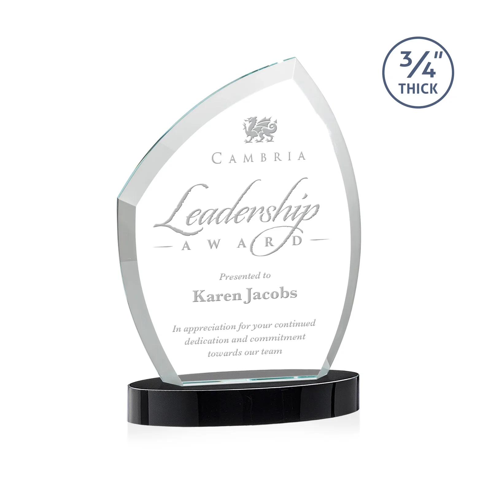 Custom printed Starfire Crystal Award with a Thick Curved Beveled Frame, awards for donor appreciation