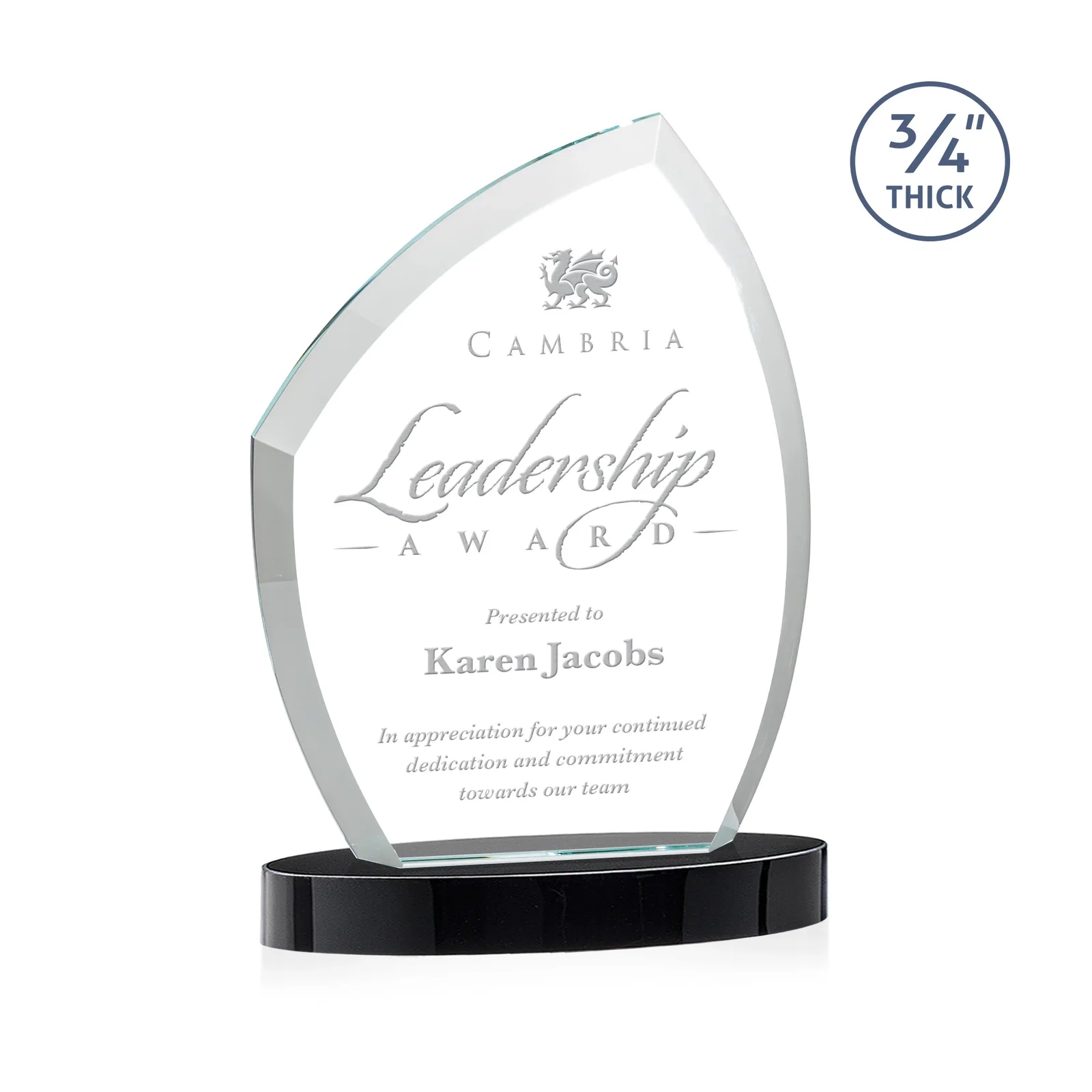 Custom printed Starfire Crystal Award with a Thick Curved Beveled Frame, awards for graduation ceremonies