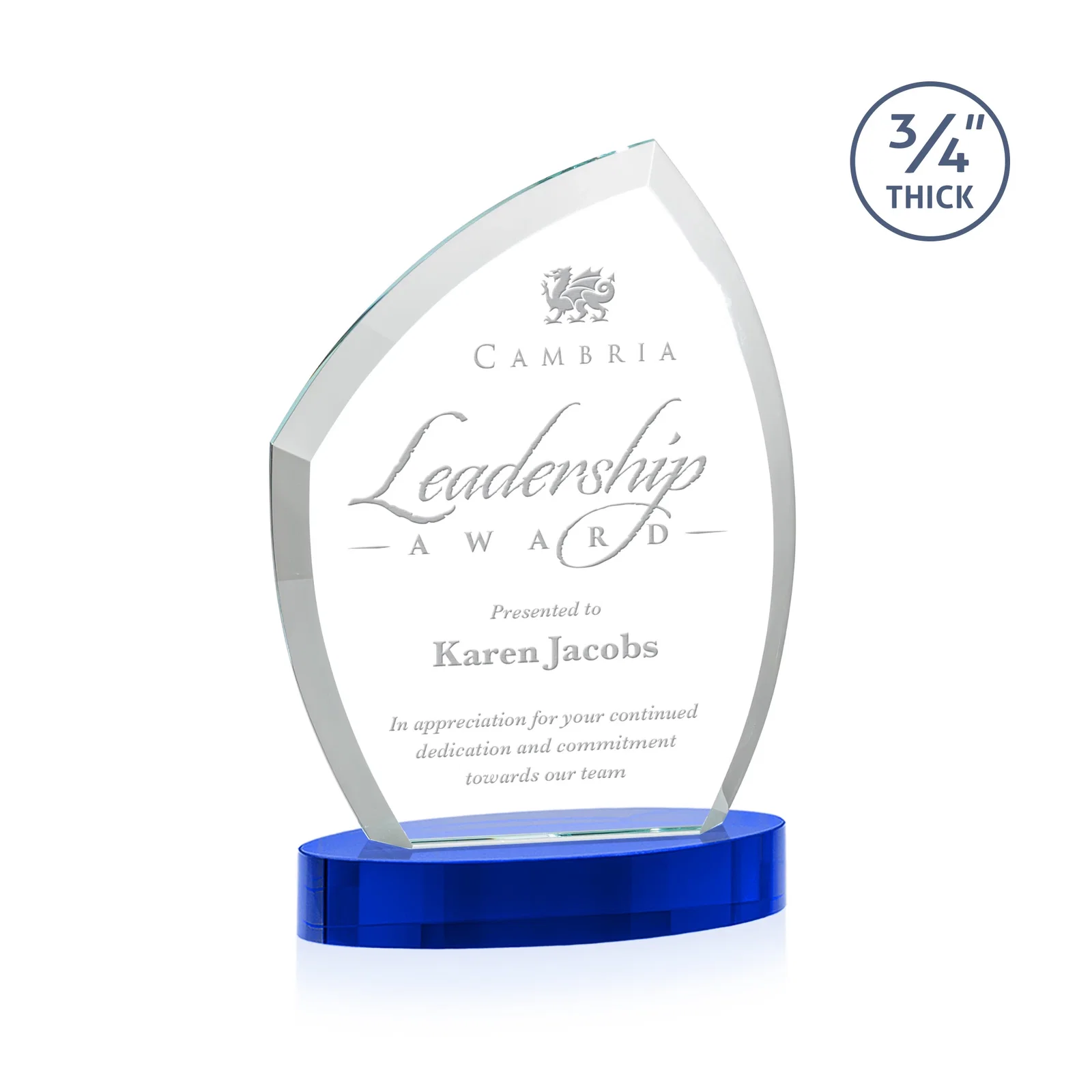 Custom printed Starfire Crystal Award with a Thick Curved Beveled Frame, awards for volunteer appreciation