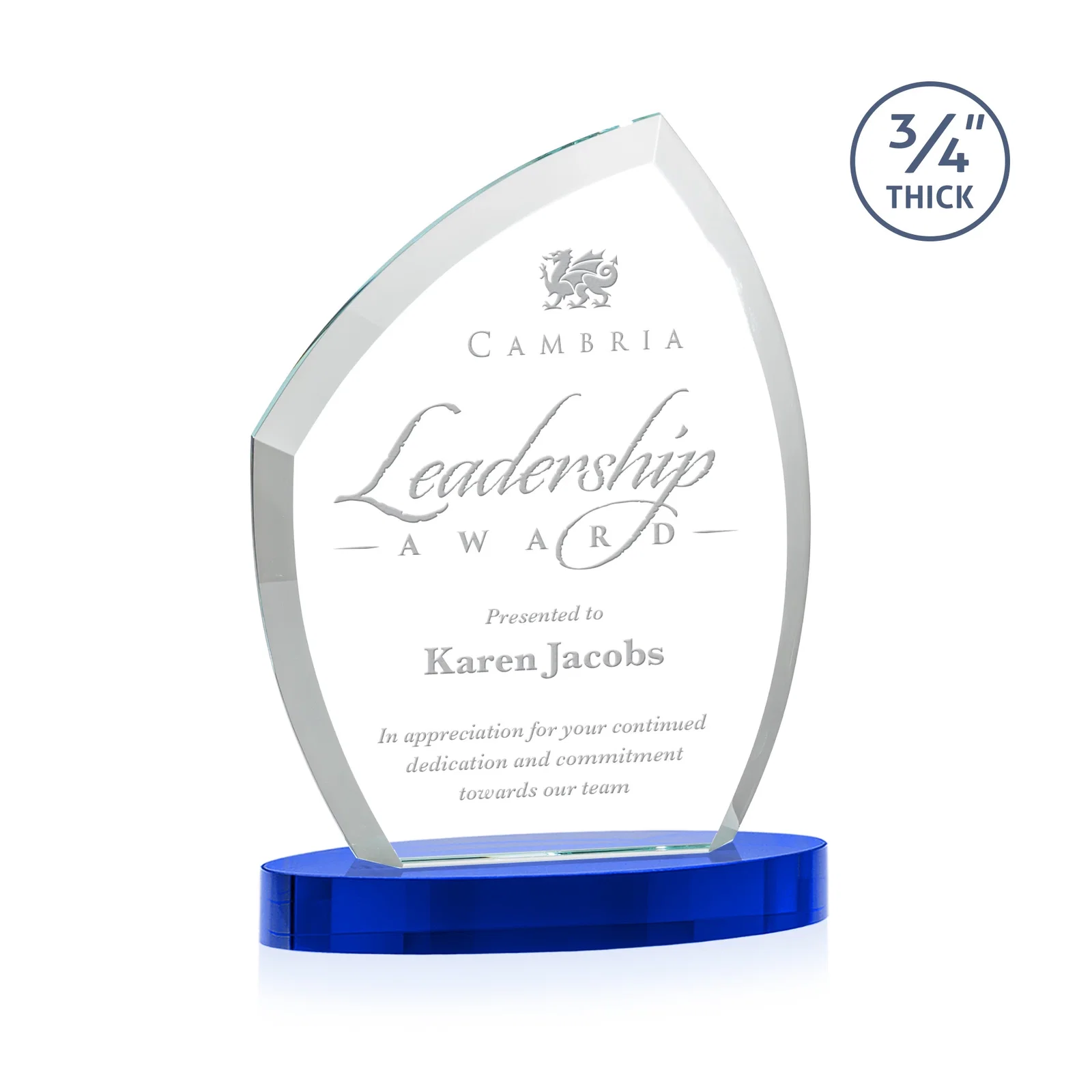 Custom printed Starfire Crystal Award with a Thick Curved Beveled Frame, awards for company anniversary events