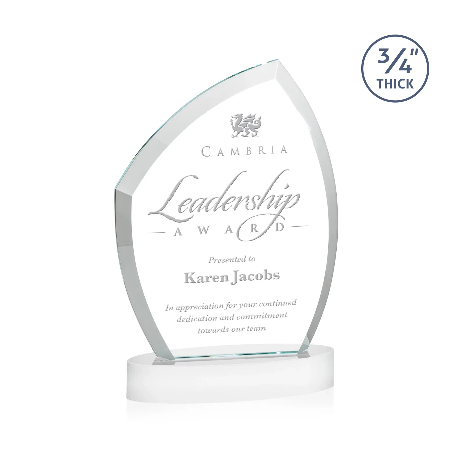 Customized Starfire Crystal Award with a Thick Curved Beveled Frame, awards for volunteer appreciation