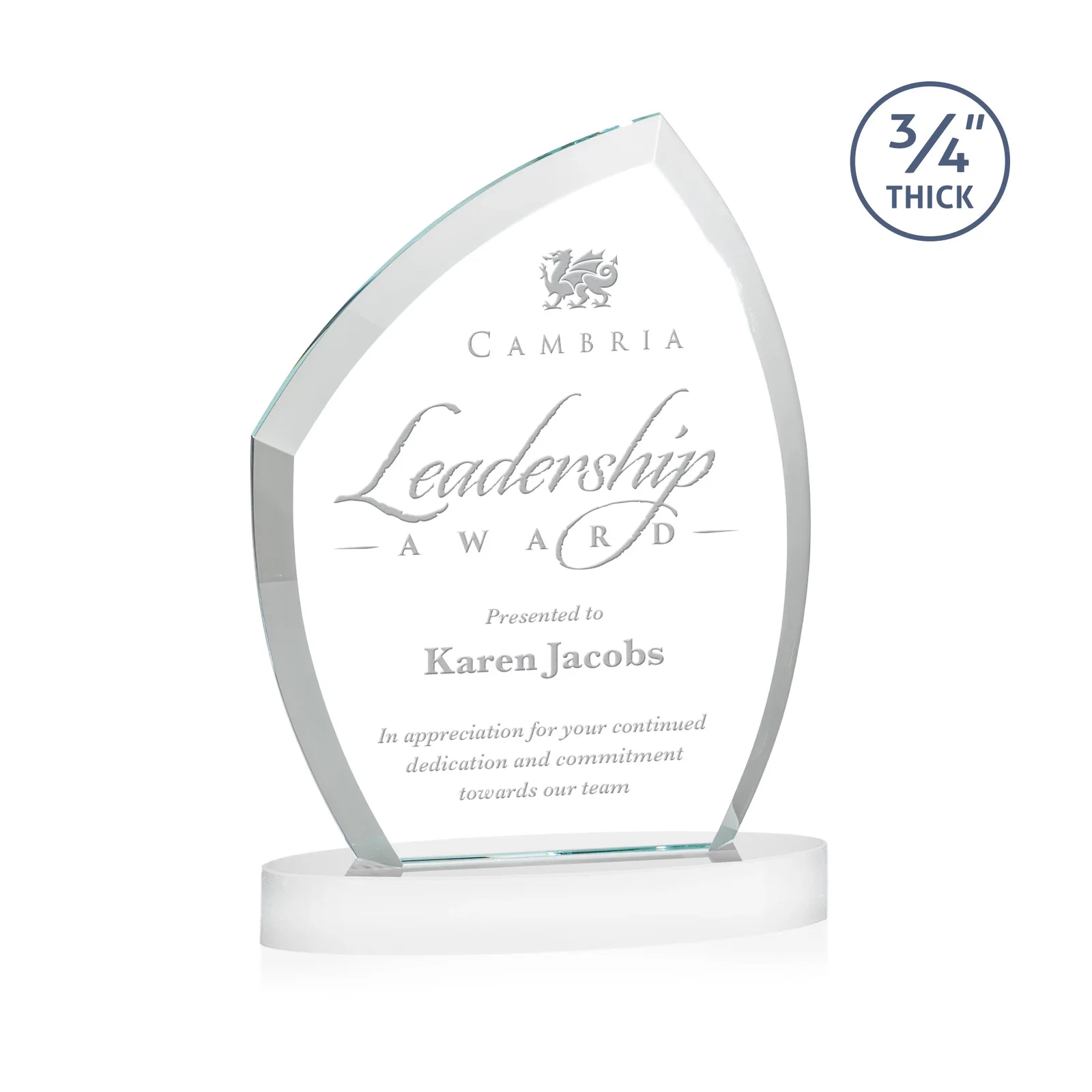 Customized Starfire Crystal Award with a Thick Curved Beveled Frame, awards for company anniversary events