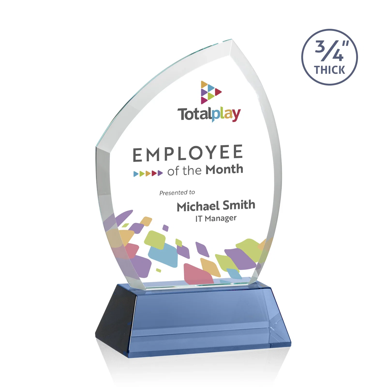 Custom printed Starfire Crystal Peak Award on Tall Tapered Base, awards for employee recognition