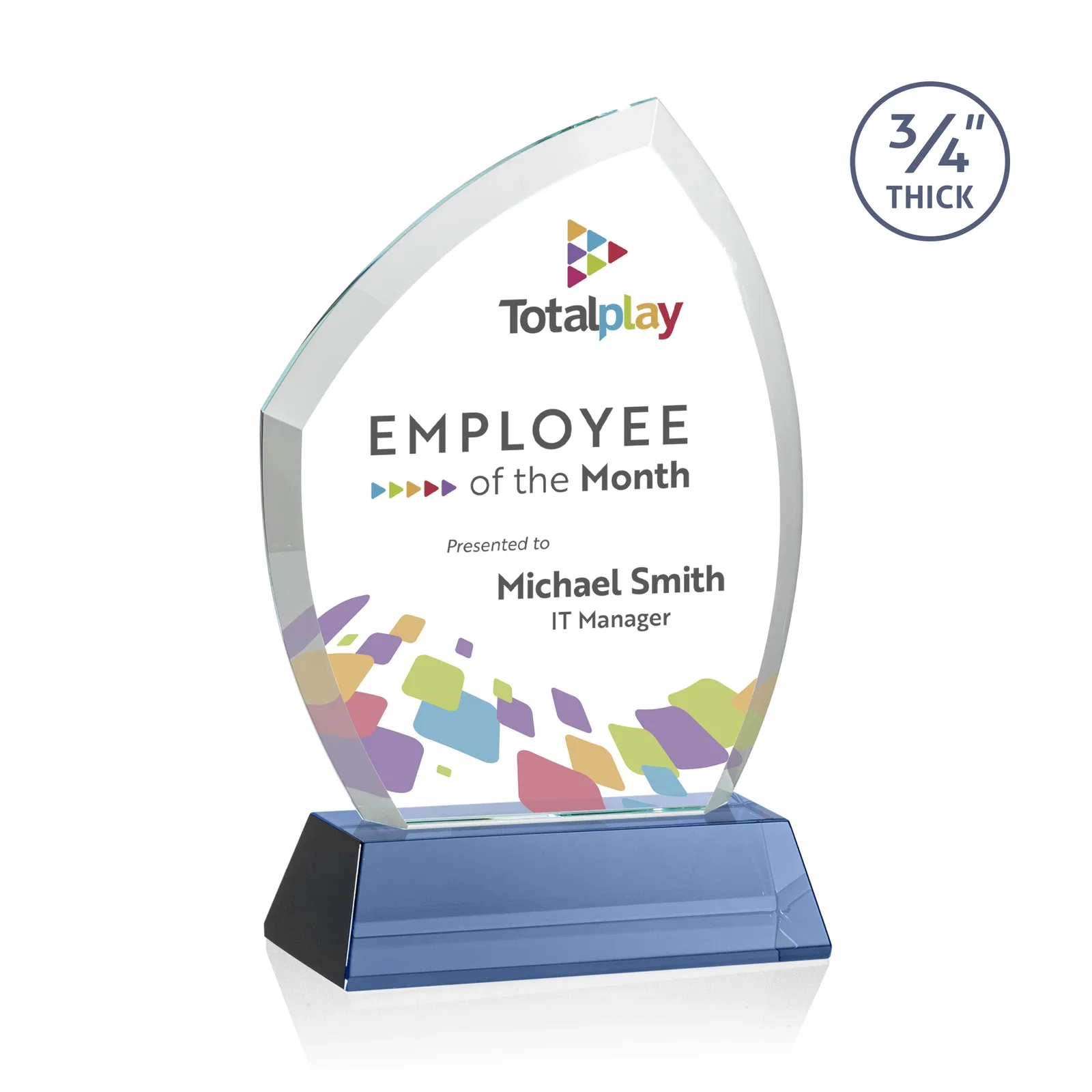 Custom printed Starfire Crystal Peak Award on Tall Tapered Base, awards for corporate award ceremonies