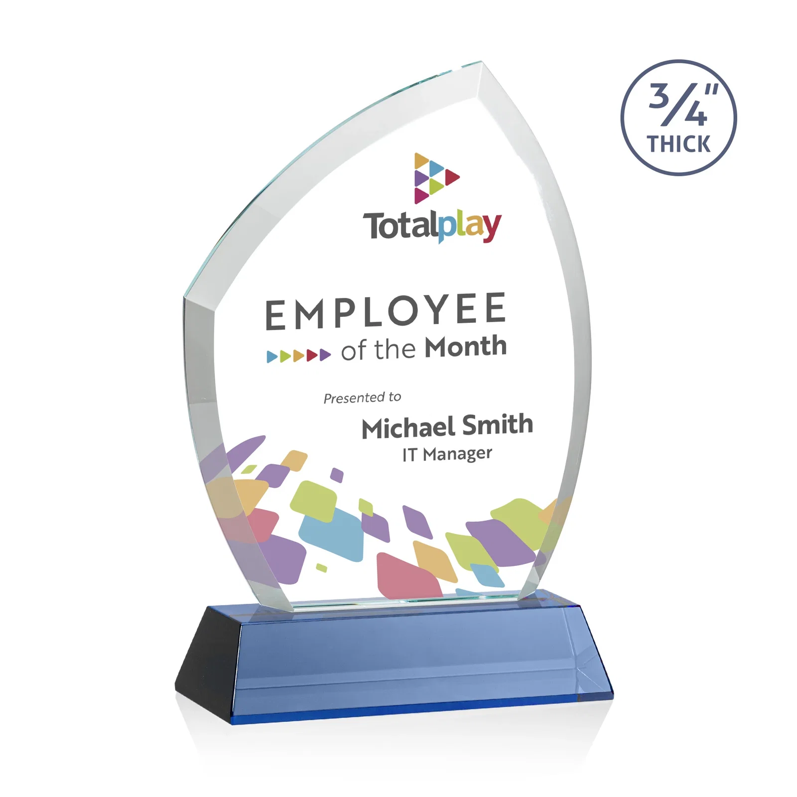 Custom printed Starfire Crystal Peak Award on Tall Tapered Base, awards for service anniversary gifts